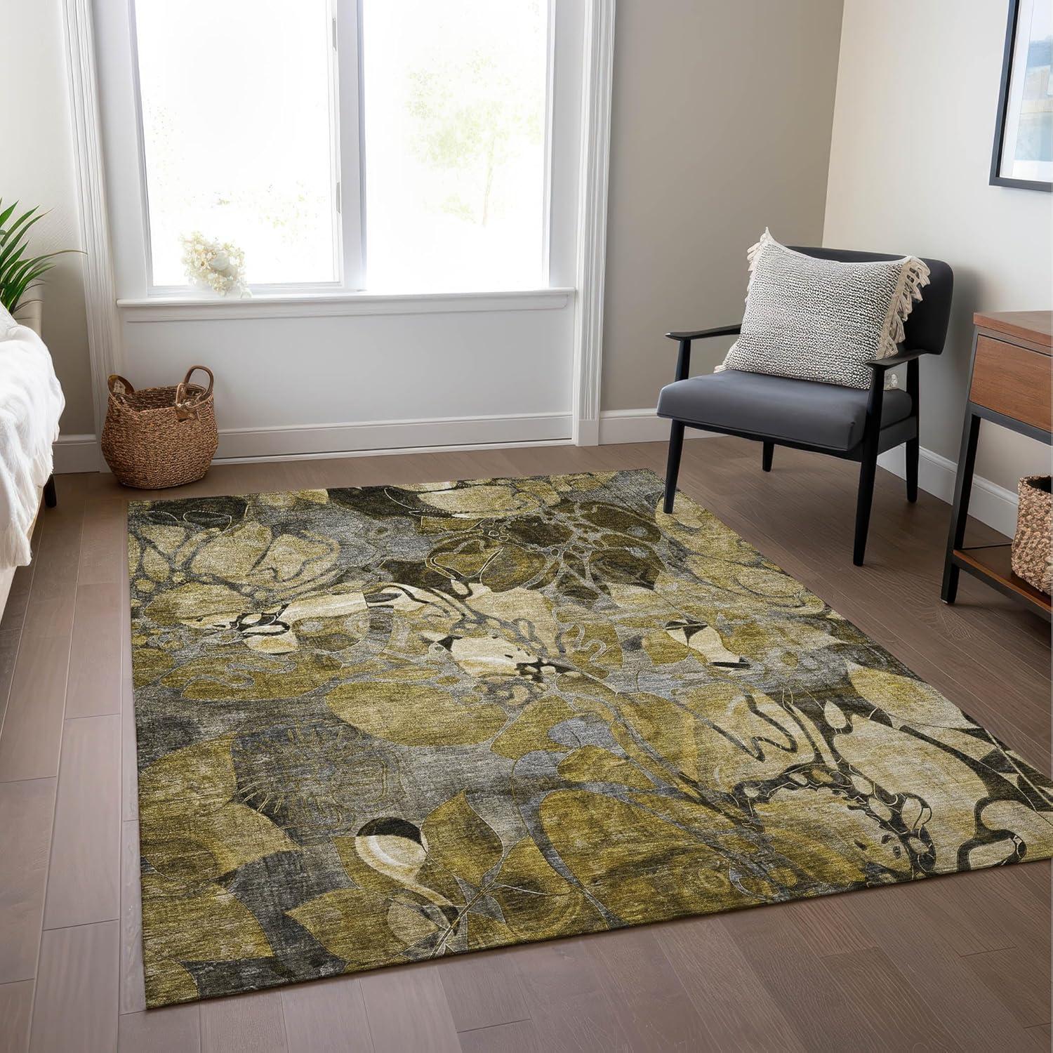 Brown and Gray Floral Synthetic Washable Area Rug 2'6" x 3'10"