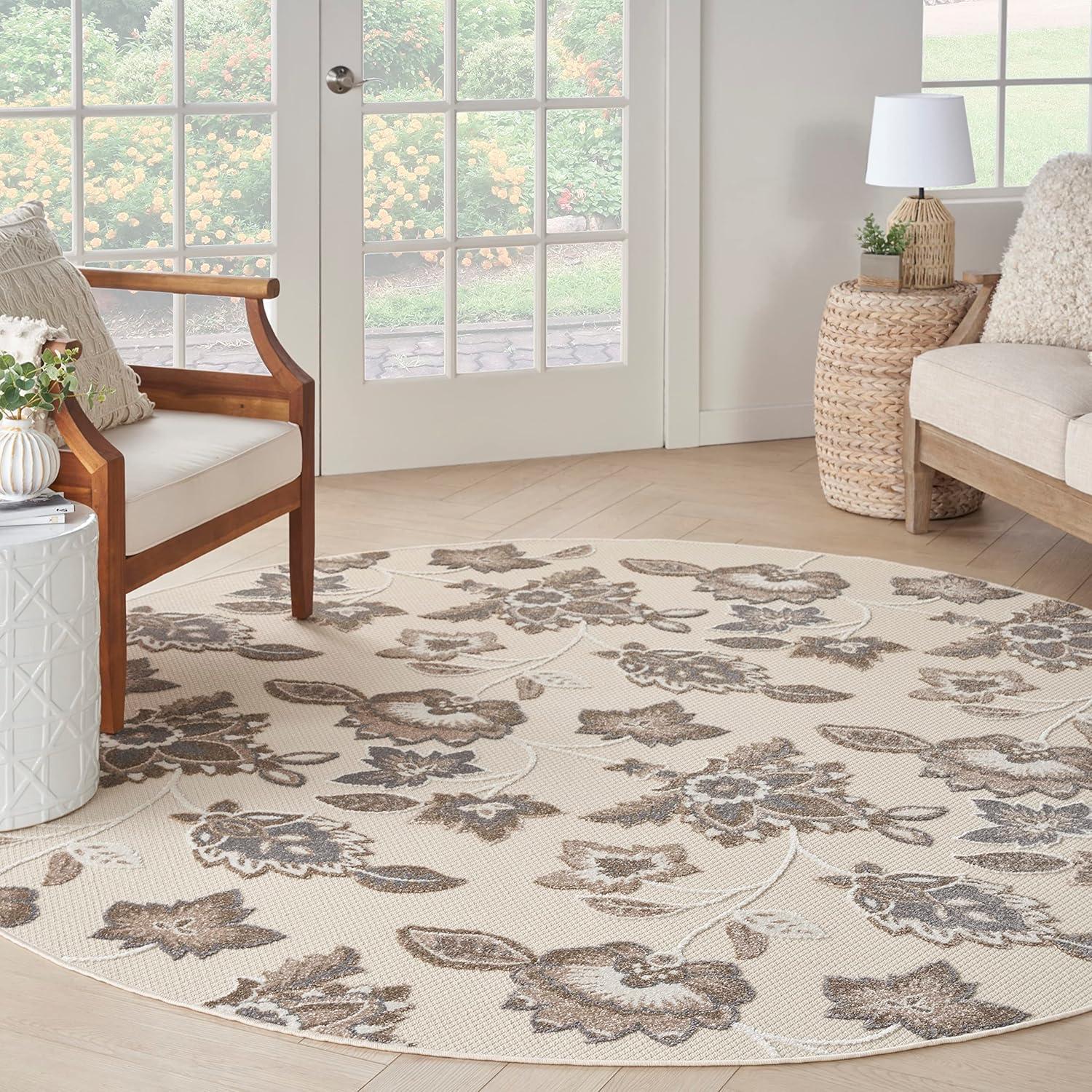 Nourison Aloha Floral Farmhouse Flatweave High-Low Indoor Outdoor Round Rug Beige 7’10” x 7'10"