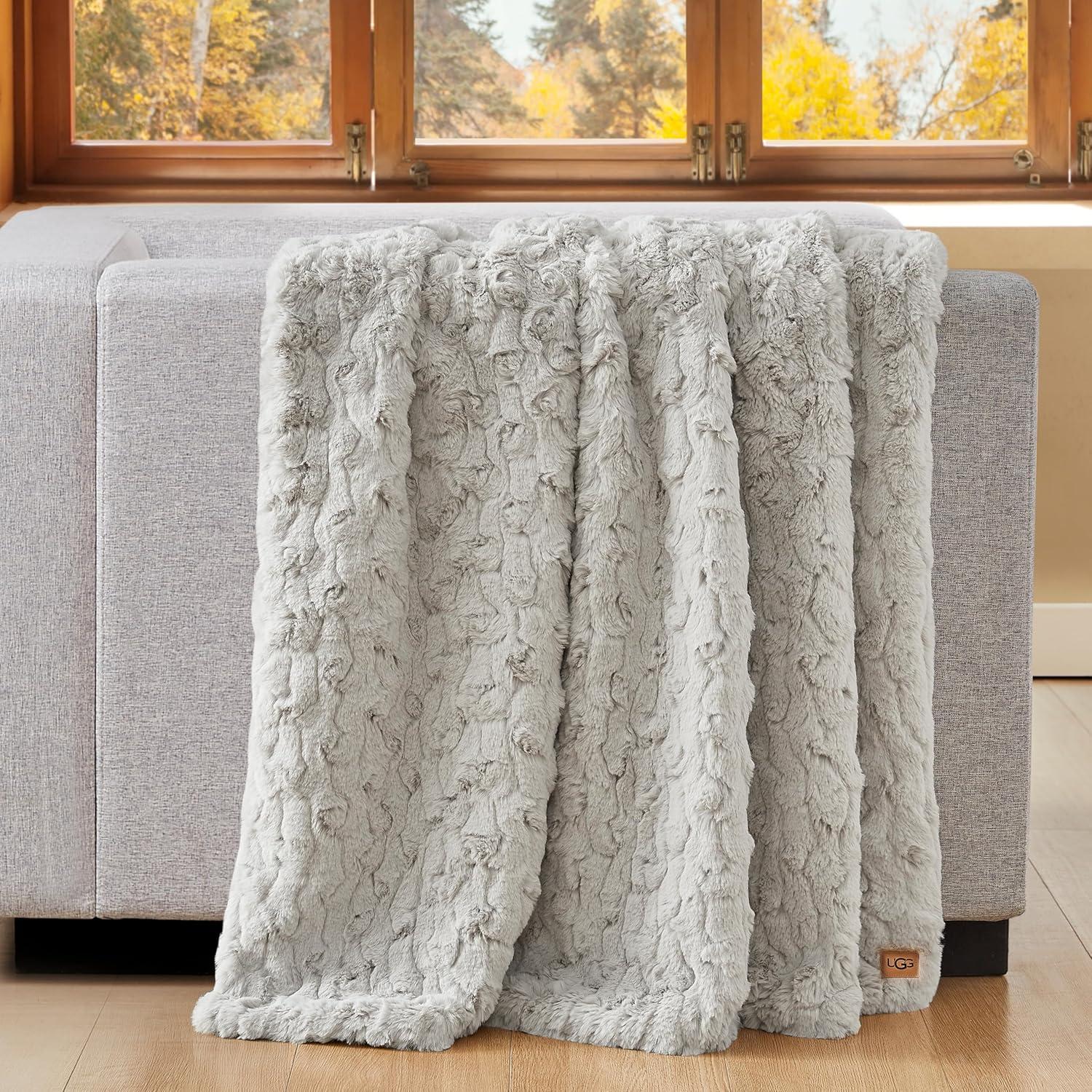 QIXIAN 25518 Amanda Reversible Throw Blanket Flannel Plush Luxury Cuddly Cozy Warm Furry Ultra-Soft Blankets for Couch or Bed, 70 x 50-inch, Stone