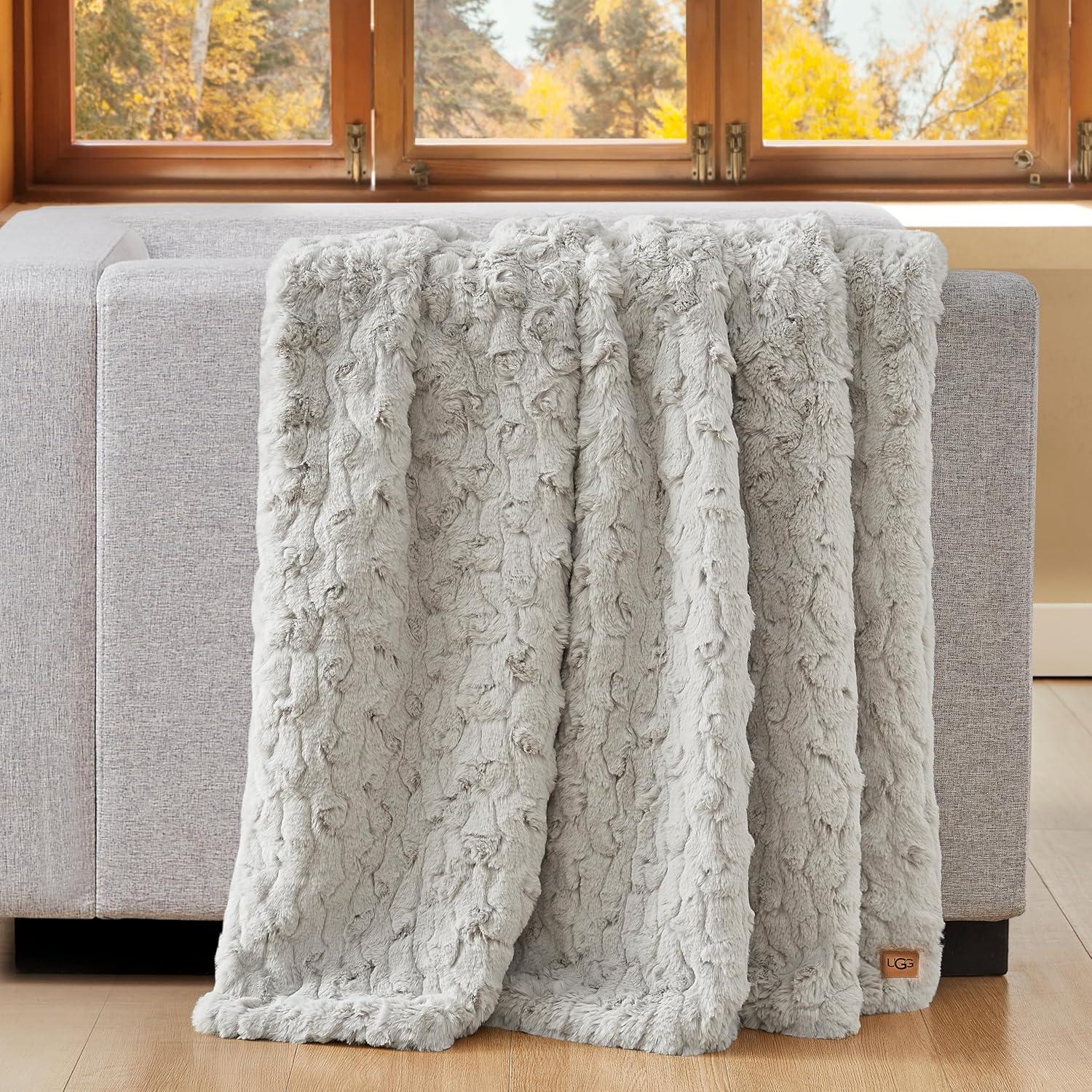 GOURE 25518 Amanda Reversible Throw Blanket Flannel Plush Luxury Cuddly Cozy Warm Furry Ultra-Soft Blankets for Couch or Bed, 70 x 50-inch, Stone