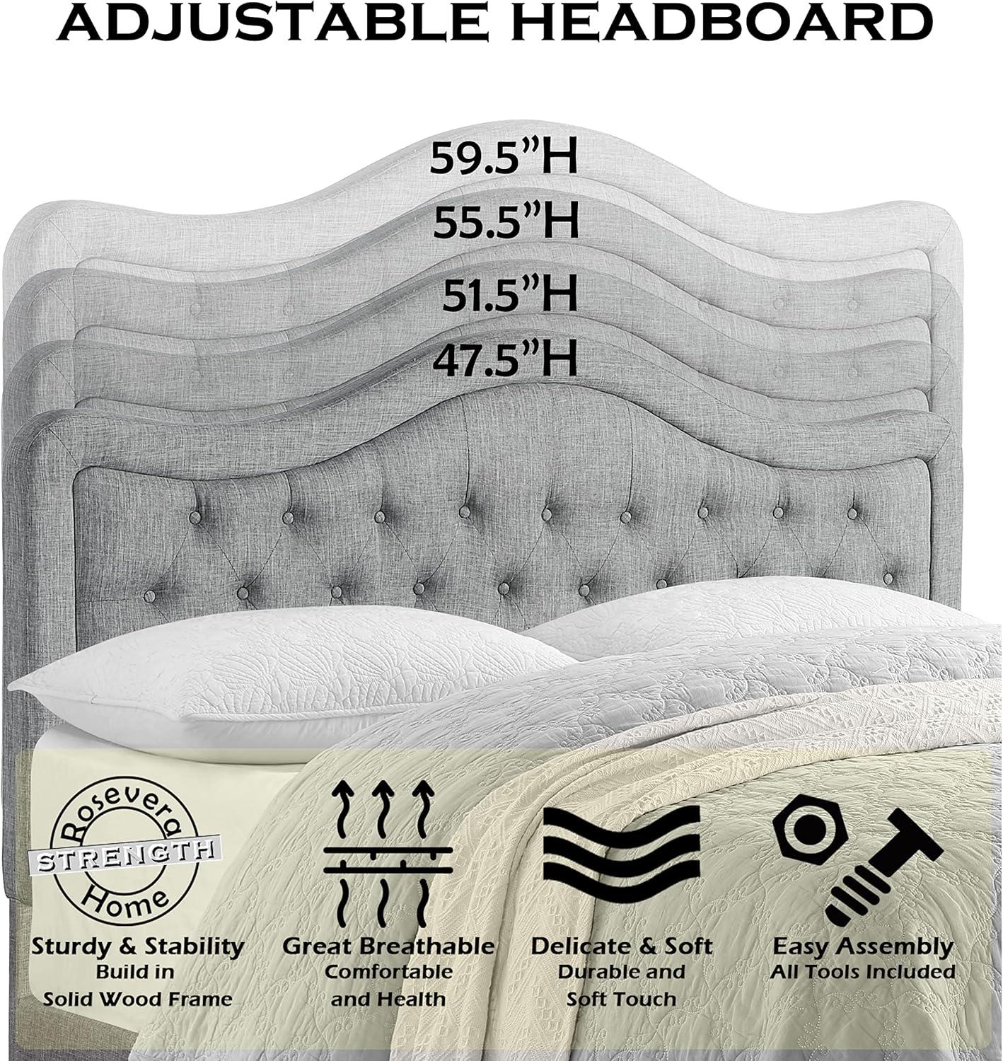 Rosevera Givana Upholstered Tufted Headboard with Adjustable Height for Bedroom, King, Linen Gray