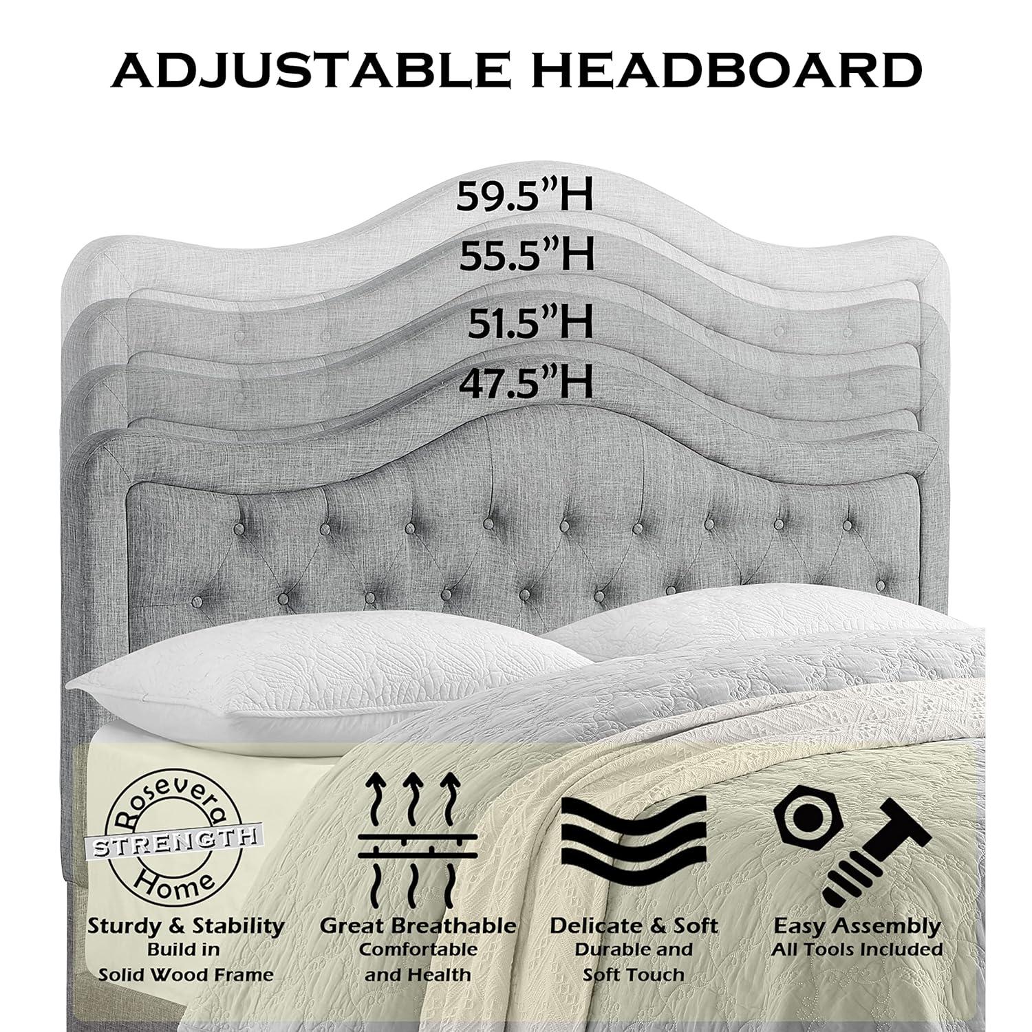 Rosevera Givana Upholstered Tufted Headboard with Adjustable Height for Bedroom, King, Linen Gray
