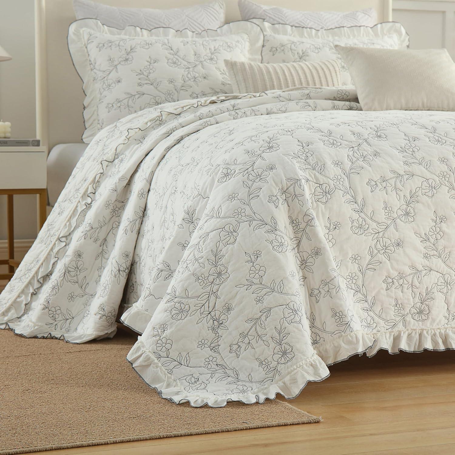 Queen Size White Cotton Floral Embroidered Bedspread Set