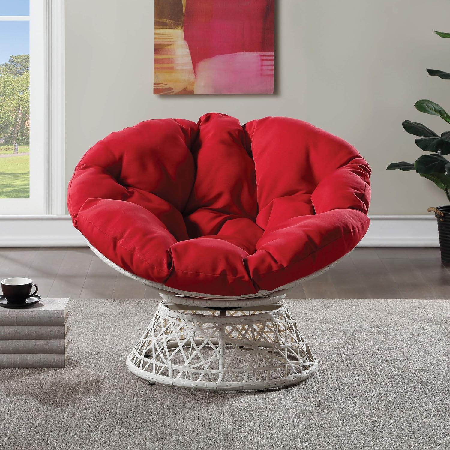 Papasan Chair with Red Round Fabric Pillow Cushion and Cream Wicker Weave