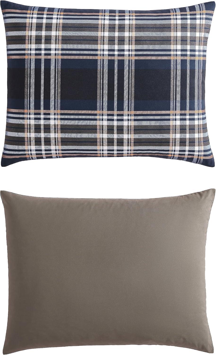 Navy Plaid Microfiber Queen Duvet Cover Set with Shams