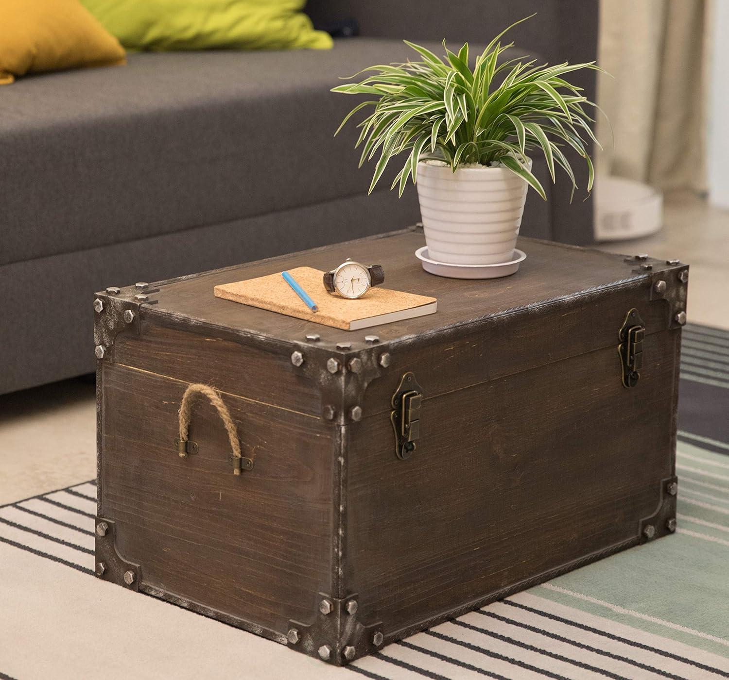 Distressed Dark Brown Wooden Storage Trunk with Metal Accents