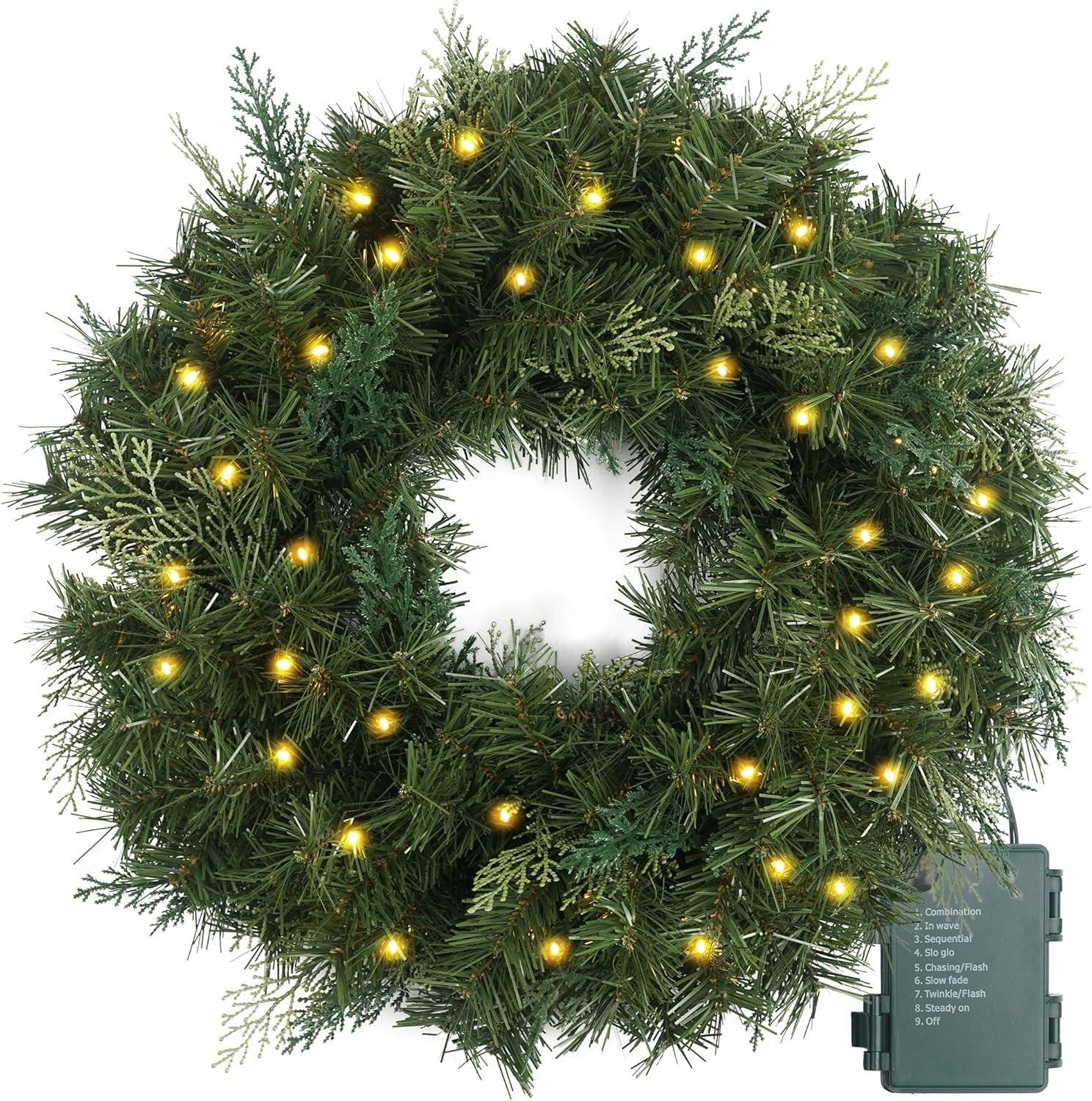 24'' Pre-Lit Green Artificial Christmas Wreath with LED Lights