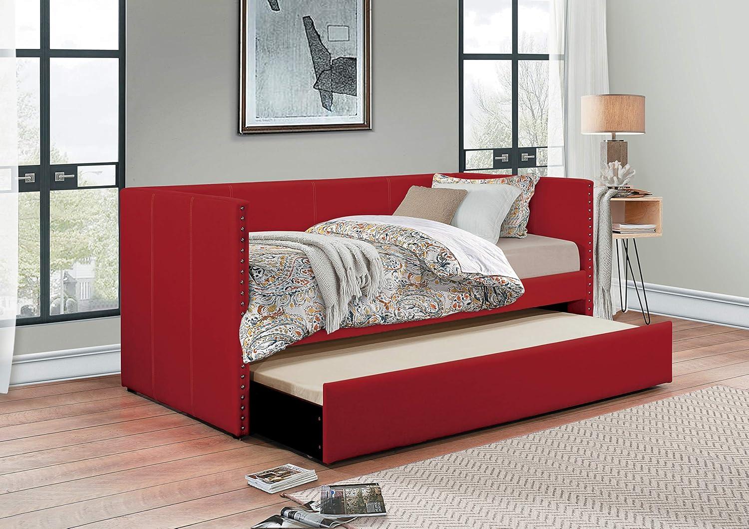 Red Twin Upholstered Daybed Frame with Nailhead Trim