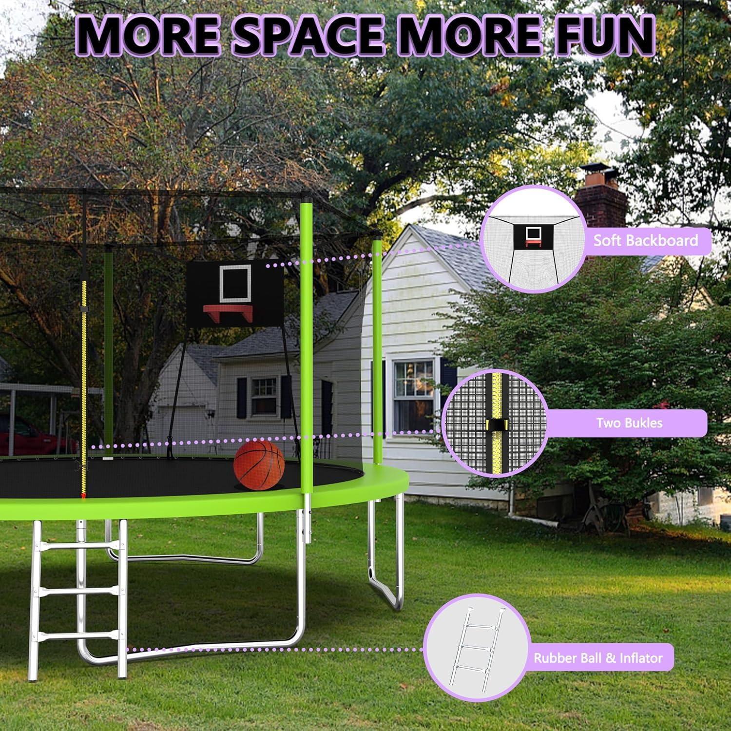 1000 LBS 14FT Outdoor Trampoline with Basketball Hoop & Safety Enclosure Net - ASTM Approved, Heavy-Duty Recreational Trampoline for Kids & Adults