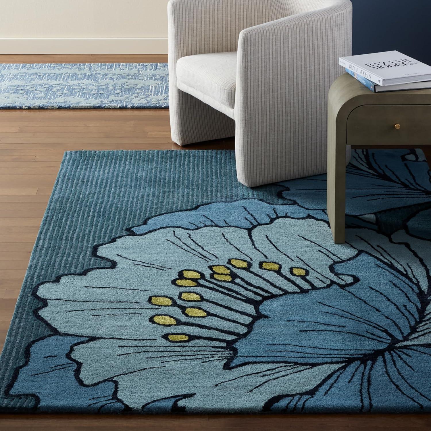 NICOLE MILLER NEW YORK Flora Grandeur Bloom Handcrafted Area Rug, Natural Wool Rug, Bold Floral Rug, Blue, 6'x9'