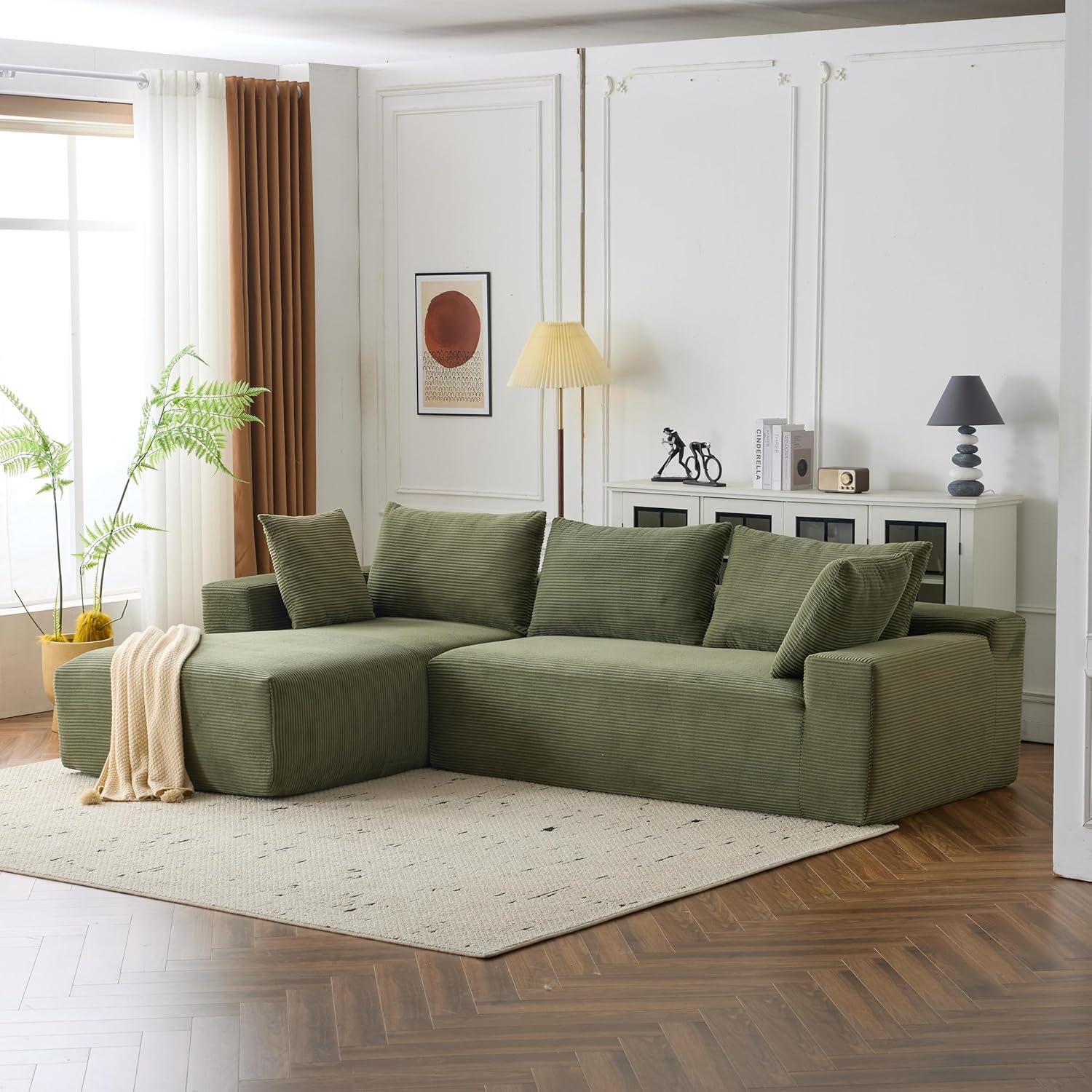 DEINPPA Modern Minimalist Style Modular Sofa Couch with Pillows and Back Support, Deep Sectional Sofa Furniture Set, 4-Seater Corduroy L-Shaped Sofa(Left Facing Chaise)