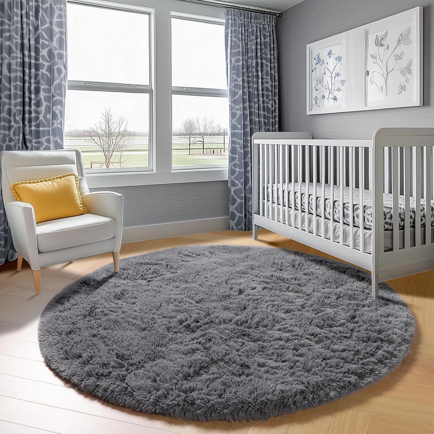ONASAR Grey Round Area Rug 4ft, Gray Soft Bedroom Circle Throw Rugs for Kids Girls Boys Teen Dorm Room, Fluffy Plush Shaggy Carpet Mats for Nursery Living Room Playroom Home Office Decor Aesthetic