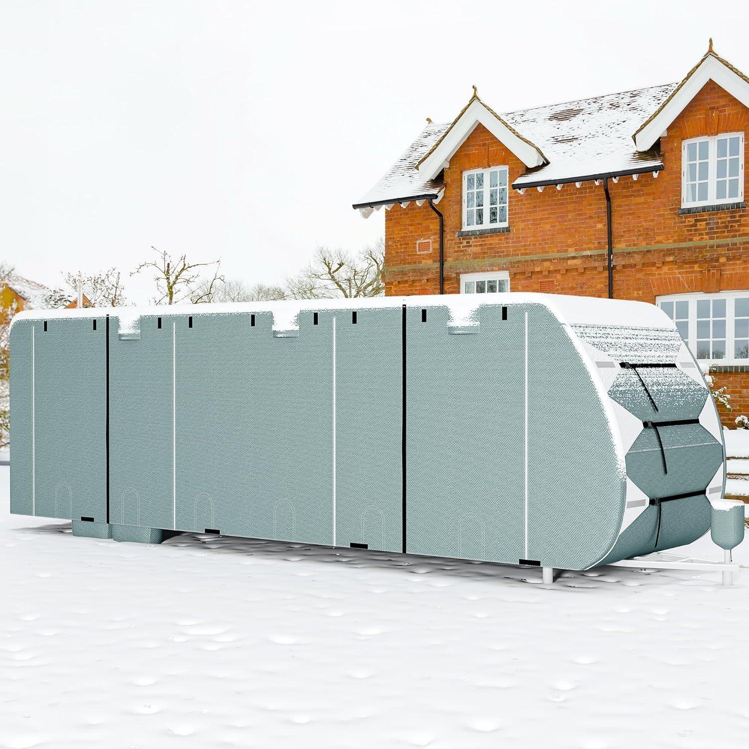 Travel Tailer RV Cover Camper Cover 27-30ft Super Thick Waterproof Windproof Anti-UV Rip-Stop Motorhome Covers with 2 Long Straps 4 Tire Covers Tongue Jack Cover