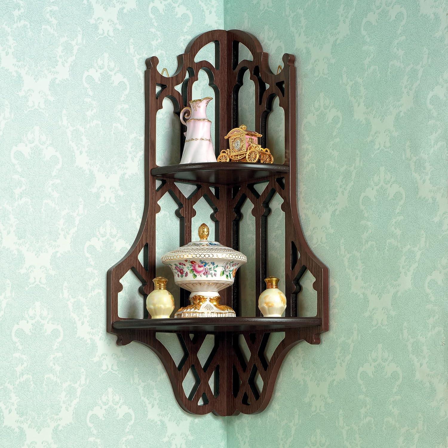 Gothic Walnut Wood Corner Wall Shelf with Intricate Carvings