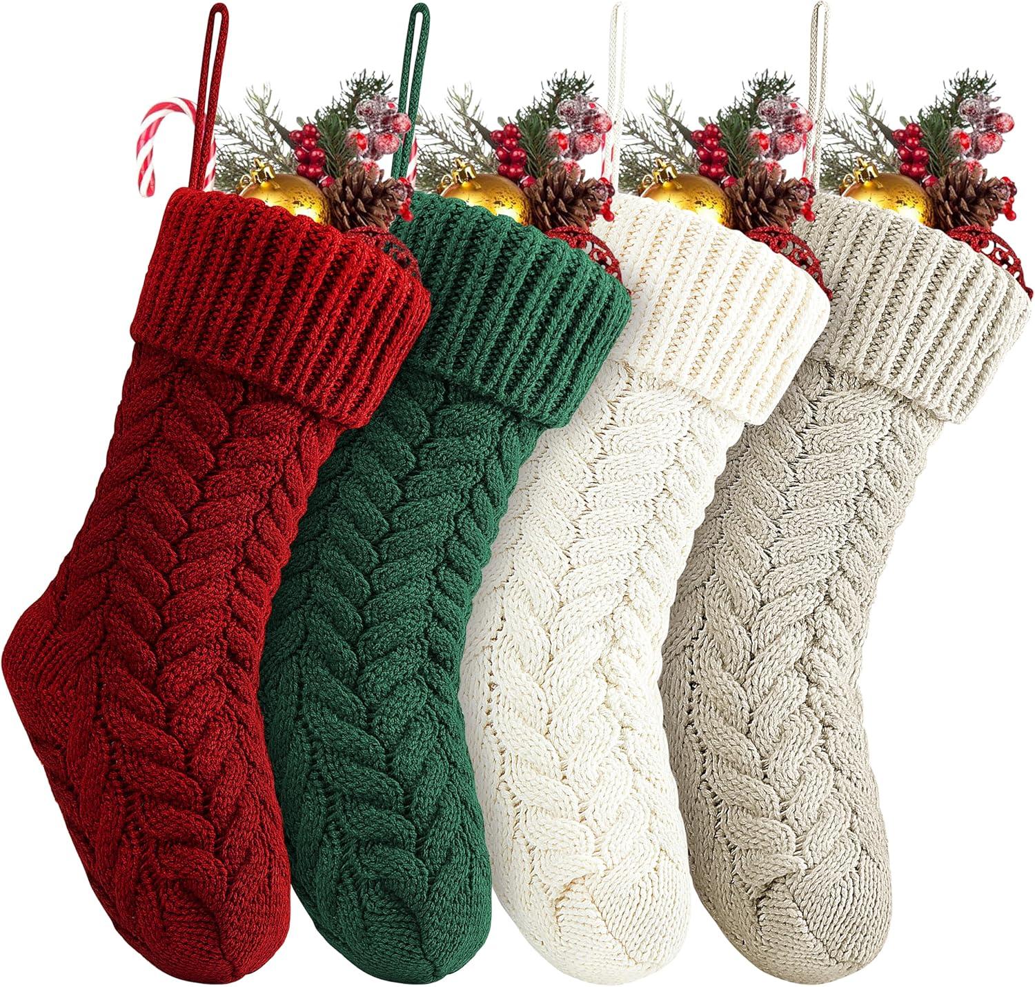 Husfou 4 Pack Christmas Knitted Splicing Stockings, 18 inch Large Cable Knitted Xmas Stockings Decorations for Indoor Family Holiday Christmas Party