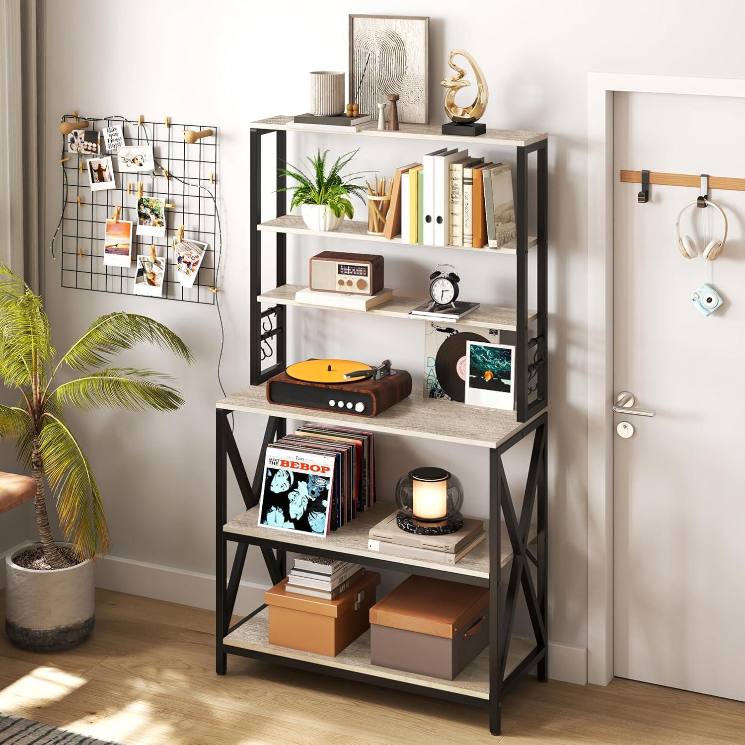 Yaheetech 6-Tier Kitchen Bakers Rack, 31.5 Inch Coffee Bar Table, Farmhouse Microwave Oven Stand Cabinet for Small Spaces, Corner Organizer Storage Shelf for Spices and Pots, Grey