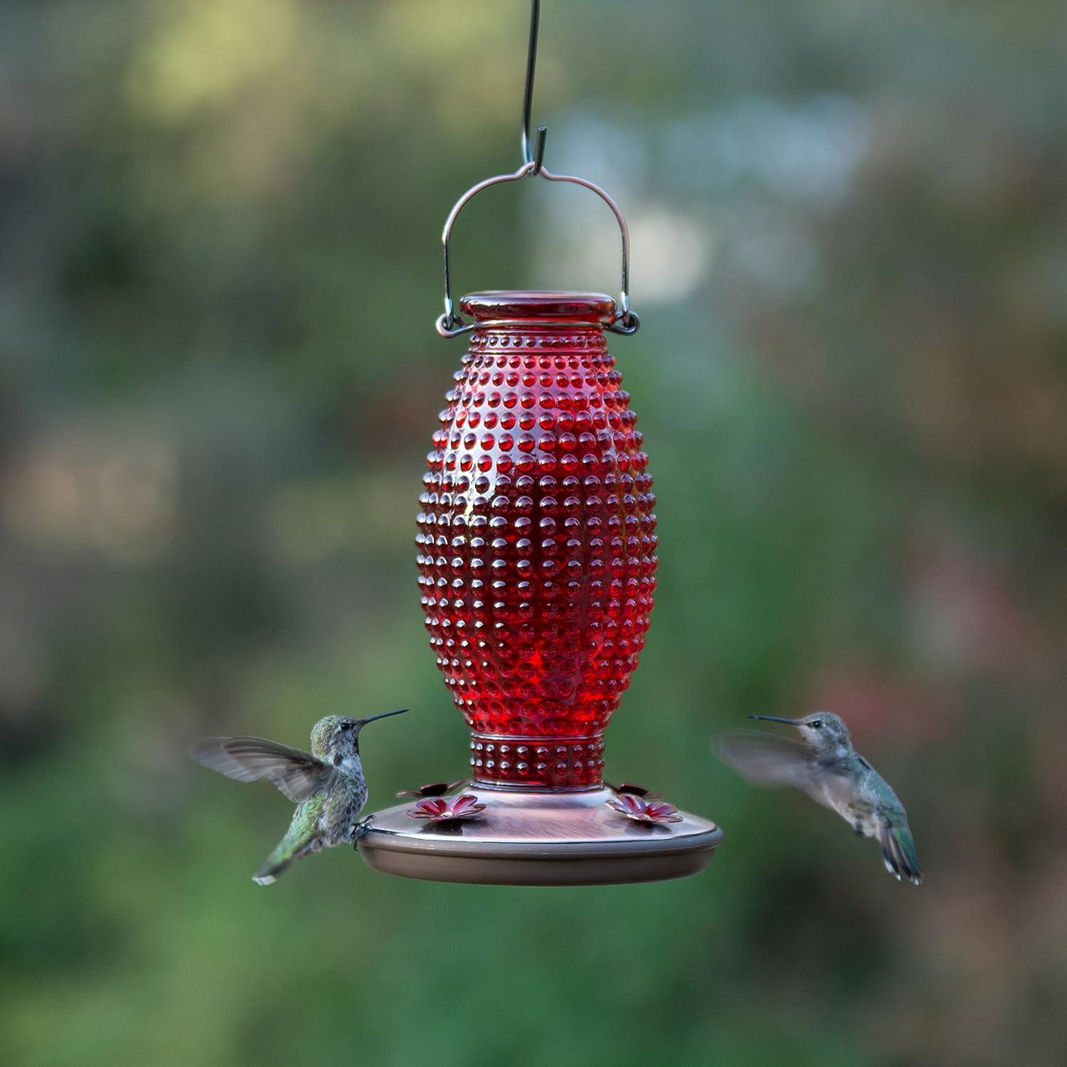 Red Hobnail Glass and Metal Hanging Hummingbird Feeder