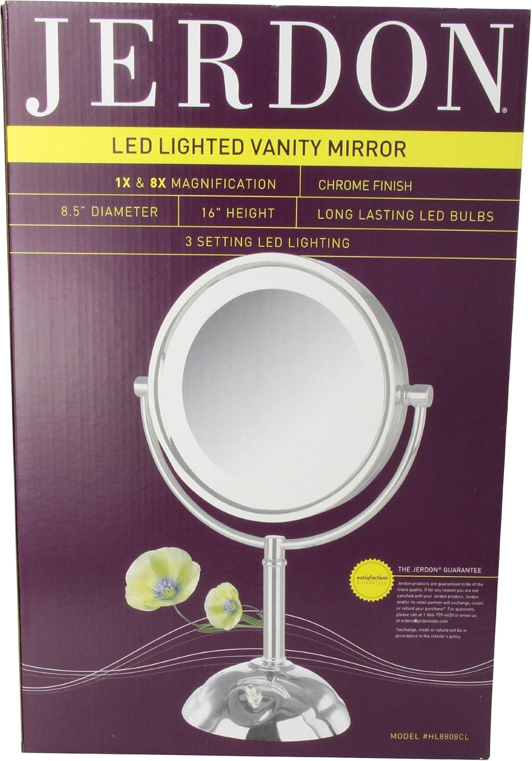 JERDON 8.5" Diameter LED Lighted Tabletop Makeup Mirror - 1X and 8X Magnification - Chrome Finish - Plug In - Model HL8808CL