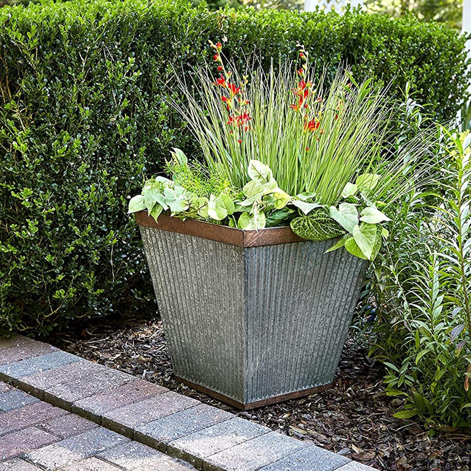 Southern Patio HDR-046851 16 Inch Square Rustic Resin Indoor Outdoor Garden Planter Urn Pot for Flowers, Herbs, and Flowers
