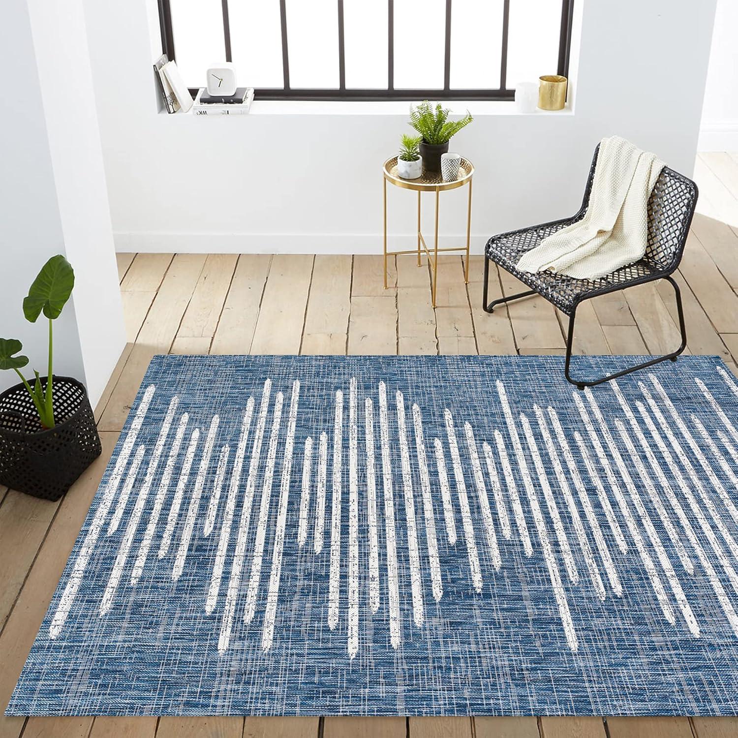 Grundy Berber Stripe Geometric Blue/Ivory Indoor/Outdoor Rug