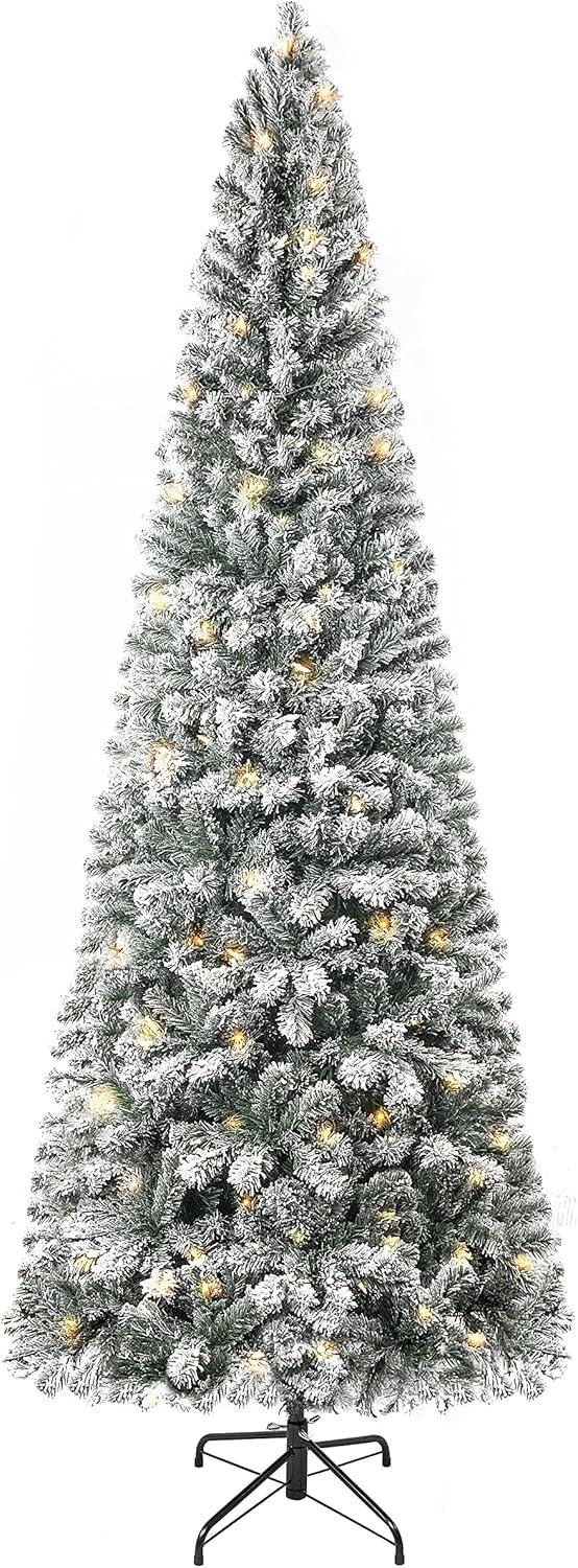 Salzburg 7.5ft Frosted Prelit Slim Artificial Christmas Tree with 1102 Branch Tips, 350 Warm Lights and Metal Stand, 34" wide Realistic Snow Flocked Skinny Pencil Christmas Tree by Naomi Home