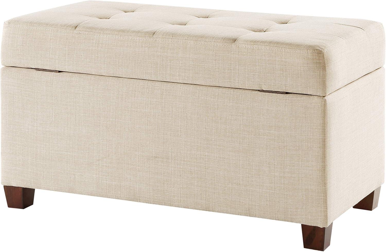 Cream Tufted Fabric Storage Ottoman with Wood Legs