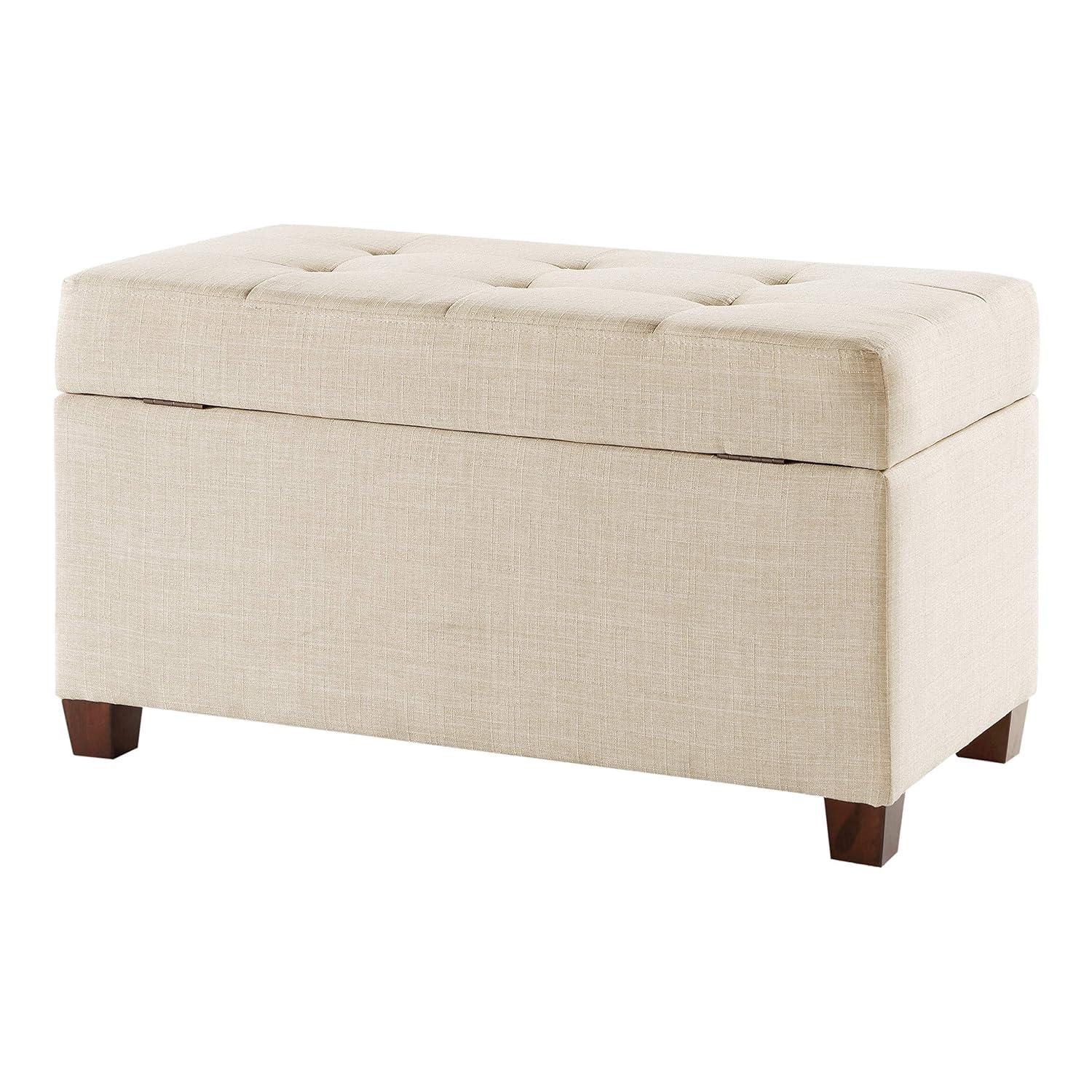 Cream Tufted Fabric Storage Ottoman with Wood Legs
