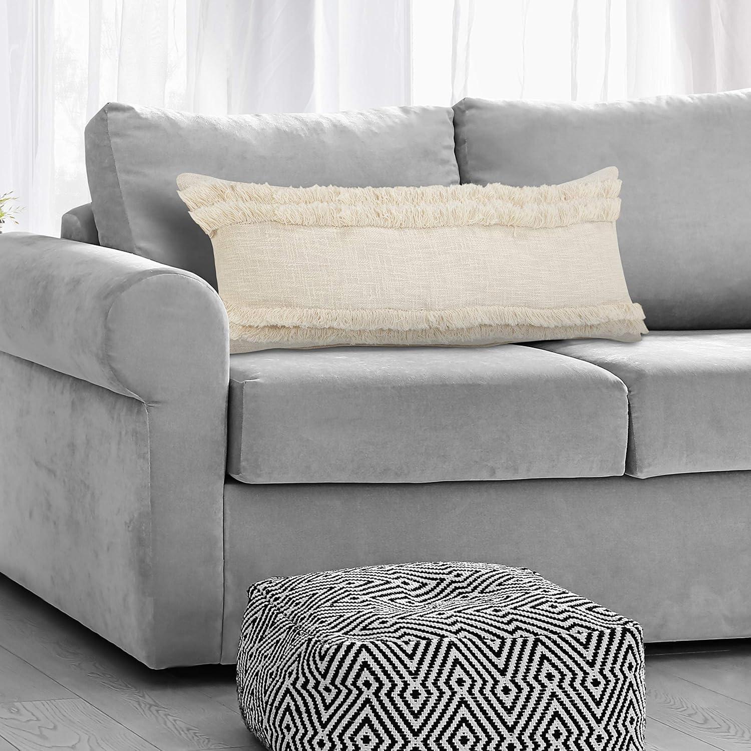 Cream Fringed Rectangular Lumbar Throw Pillow