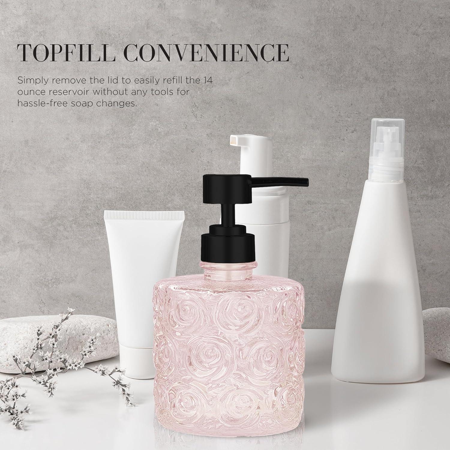 Marcella Glass Soap Dispenser with Soap Pump, Refillable 14 Ounce Capacity, Floral Design Rose Patterns, Heavy Weight Thick Glass for Bathroom, Premium Kitchen Soap Dispenser Peach Blush