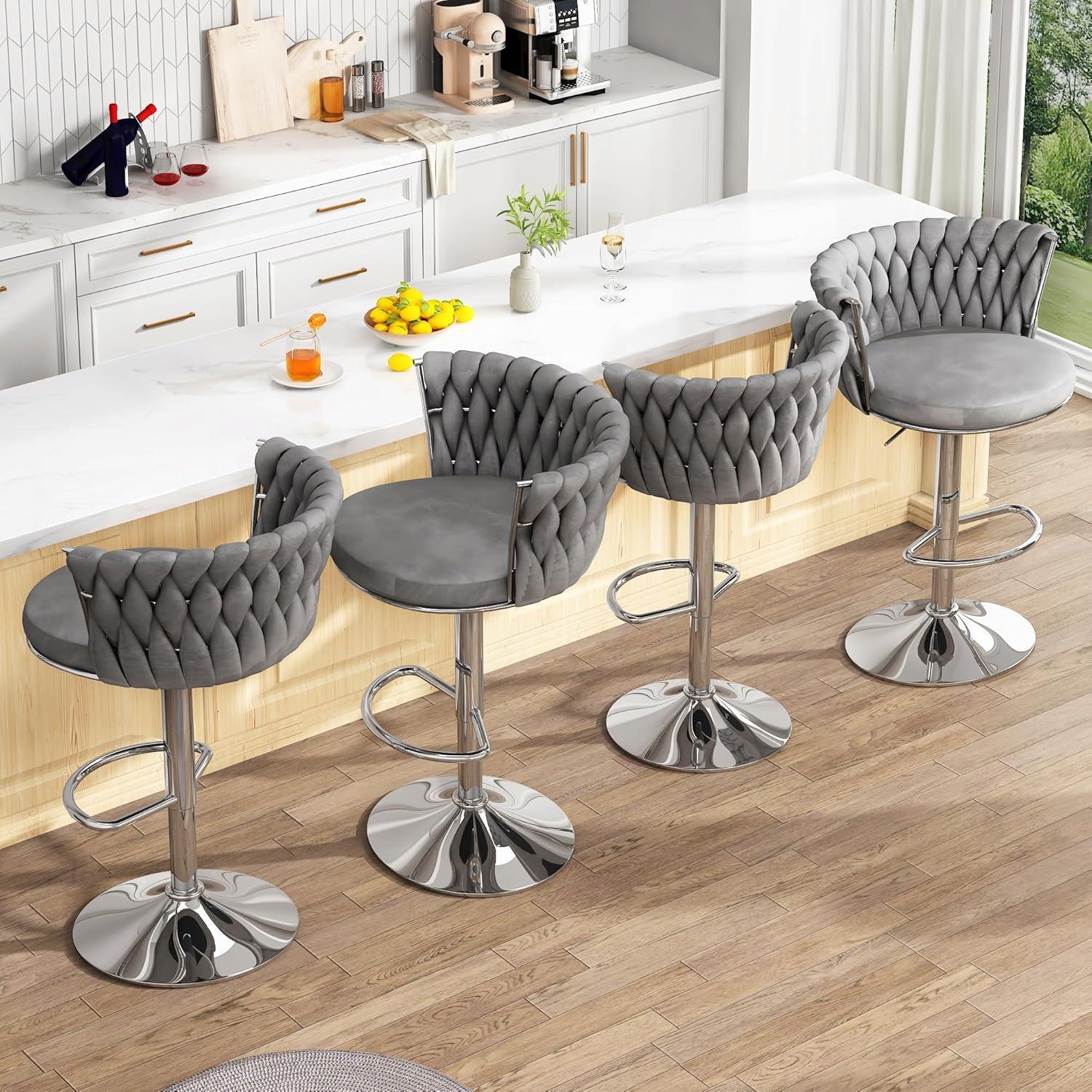 Lamerge Grey Bar Stool Set of 2, Velvet Swivel Bar Chairs Counter Height Barstools with Back & Footrest, Adjustable Counter Stools Island Chairs for Kitchen, Bar, Dining Room