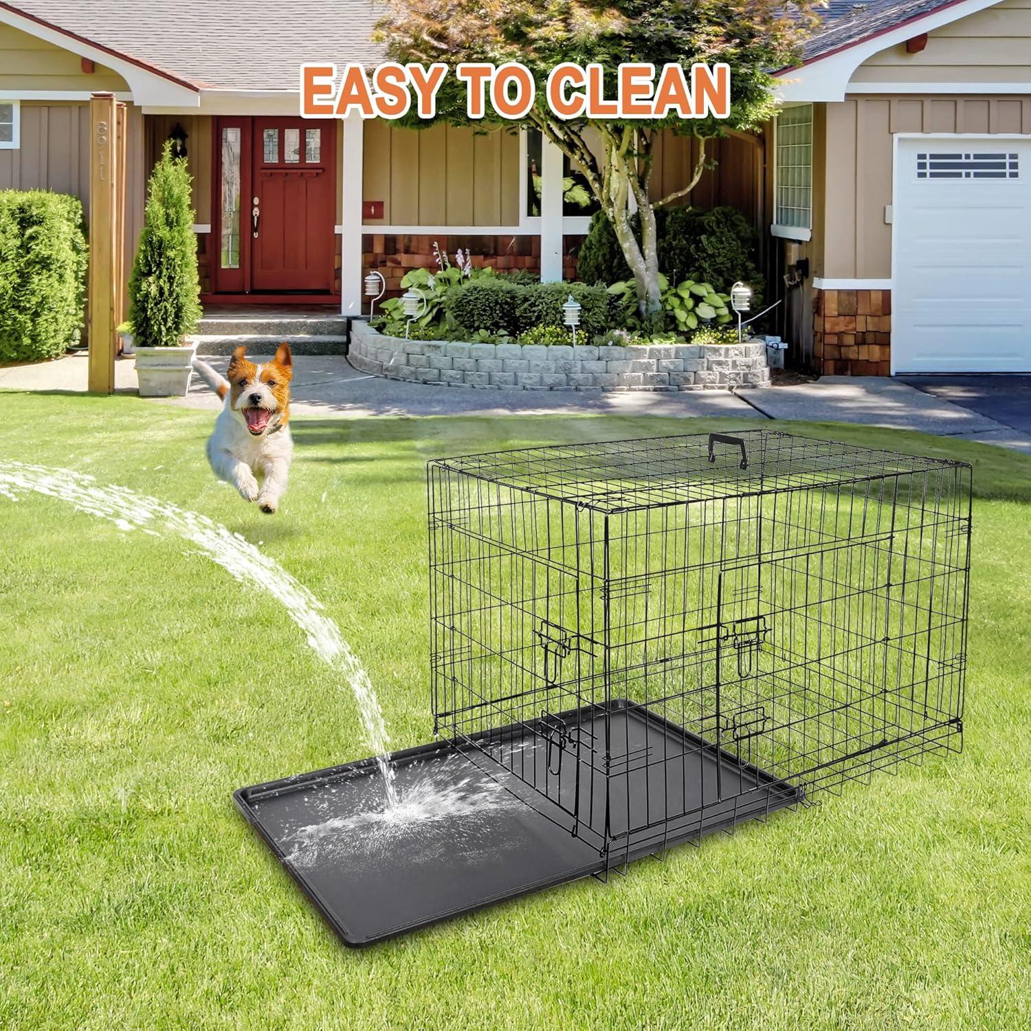 CL.HPAHKL Durable Large Dog Crate, Folding Metal Dog Kennel Double Door Dog Cage with Plastic Tray, Wire Crate for Large Dog Indoor Outdoor Travel (Black, 42 inch)