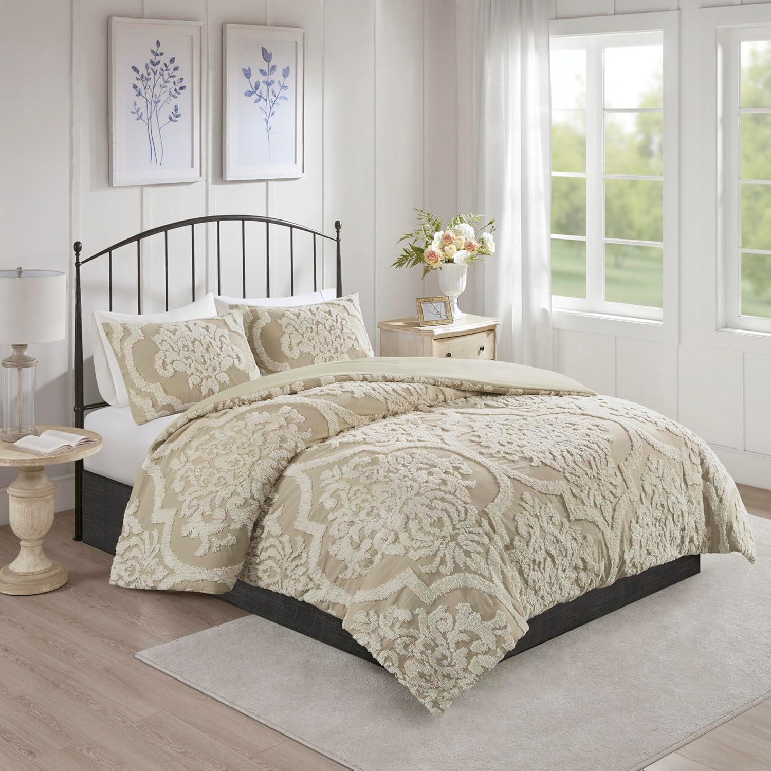 Viola Tufted Cotton Chenille Damask 3 Piece Comforter Set