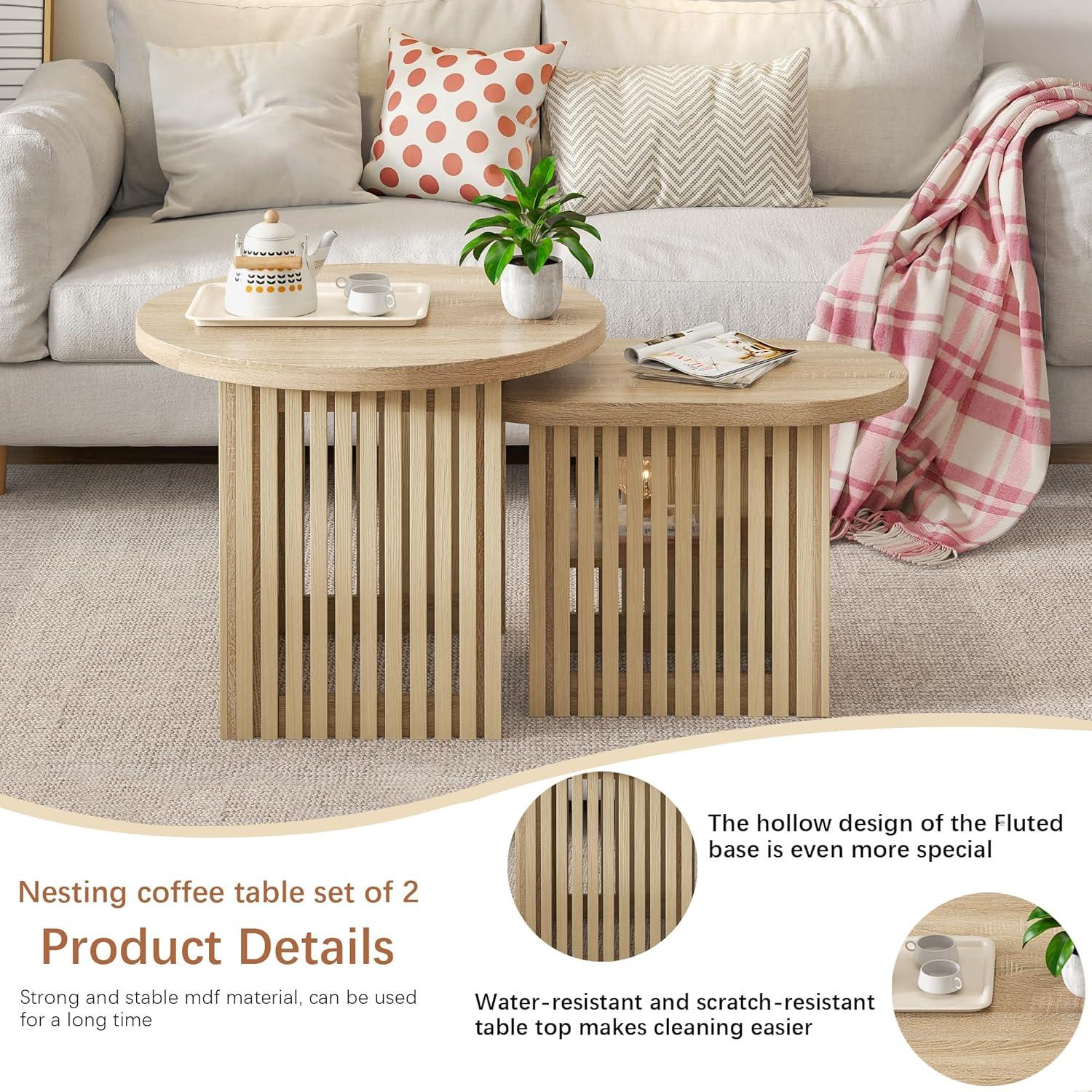 Natural Wood Round Nesting Coffee Table Set with Fluted Panels