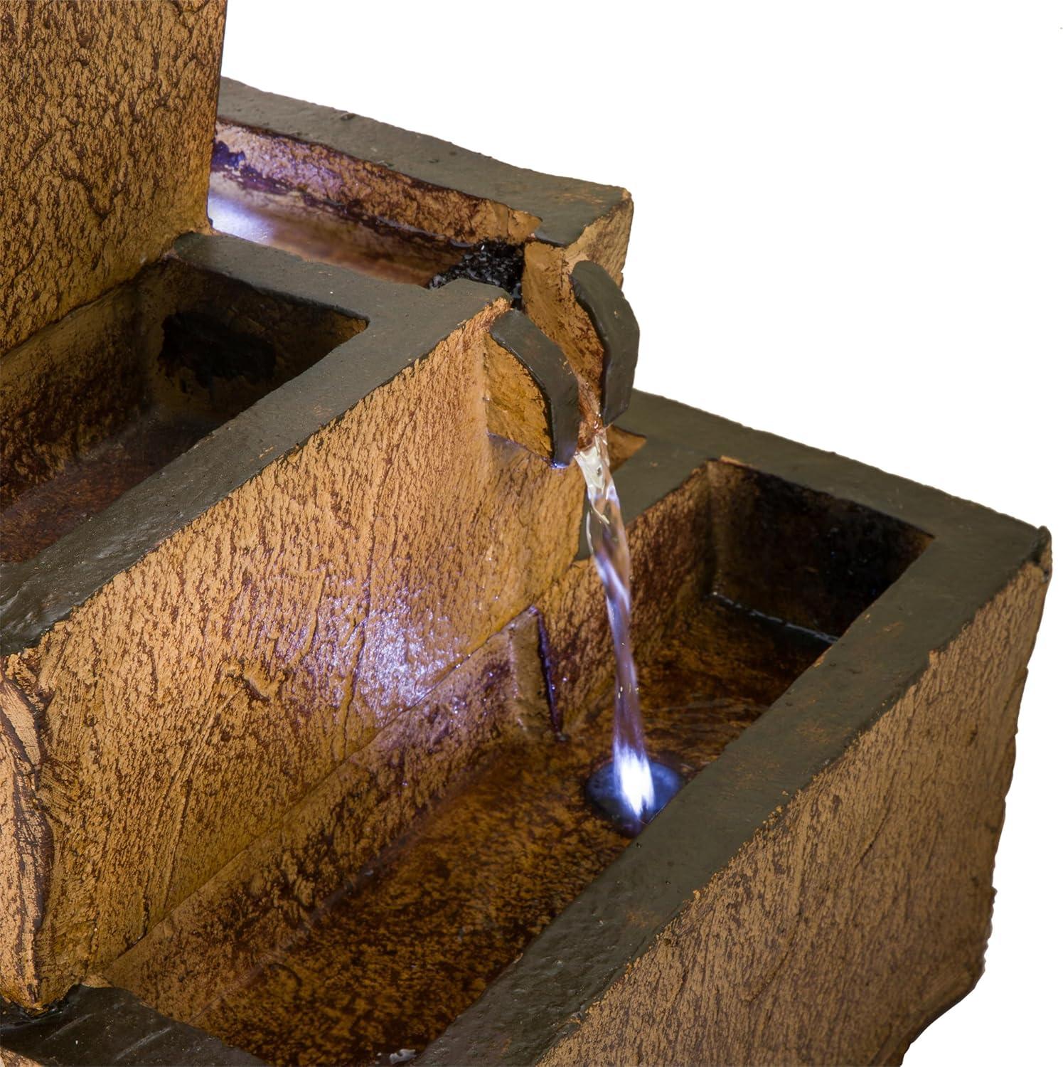 Rustic Brown Solar-Powered Tiered Fountain with LED Lights