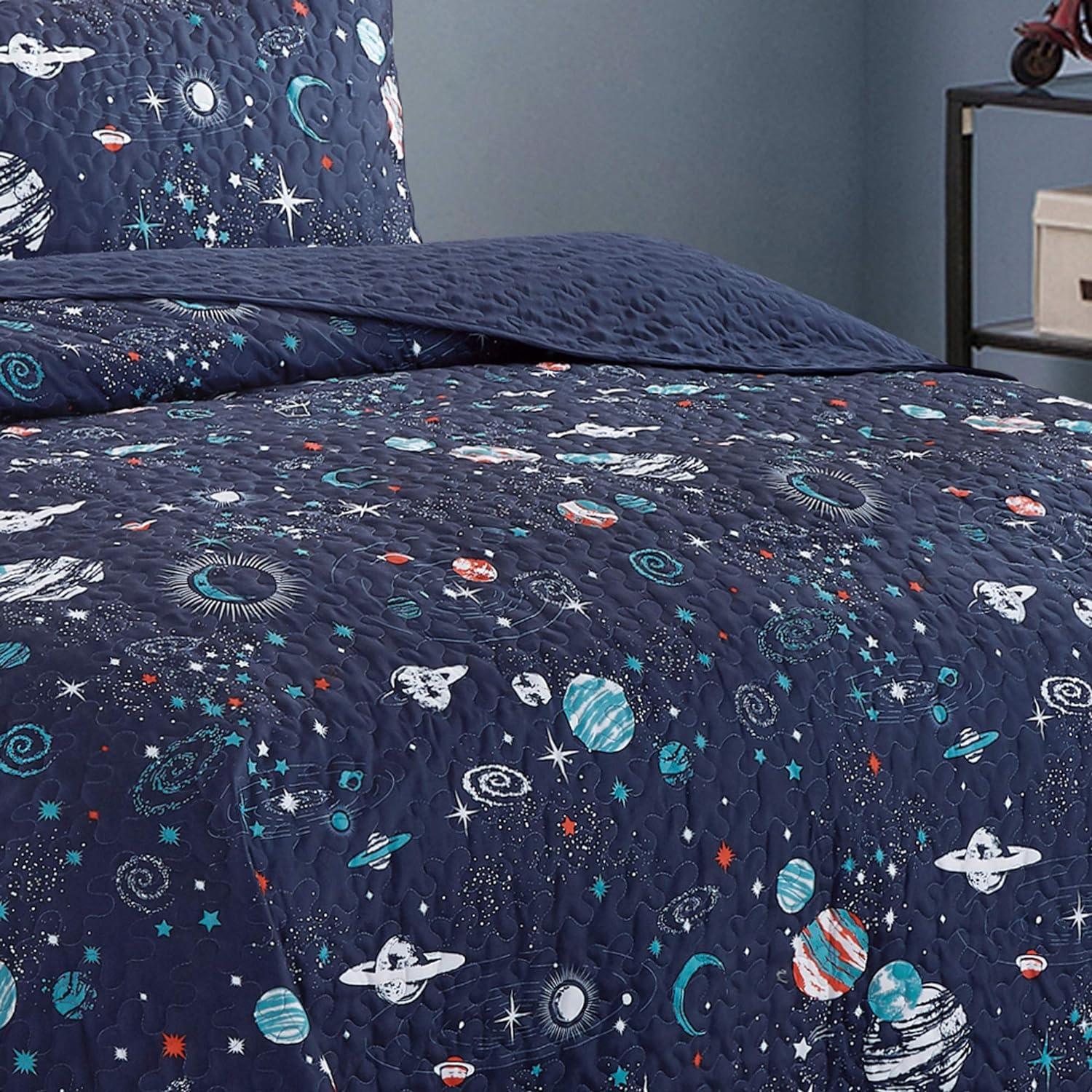 Blue Galaxy Space Theme Full Quilt Set with Pillow Shams