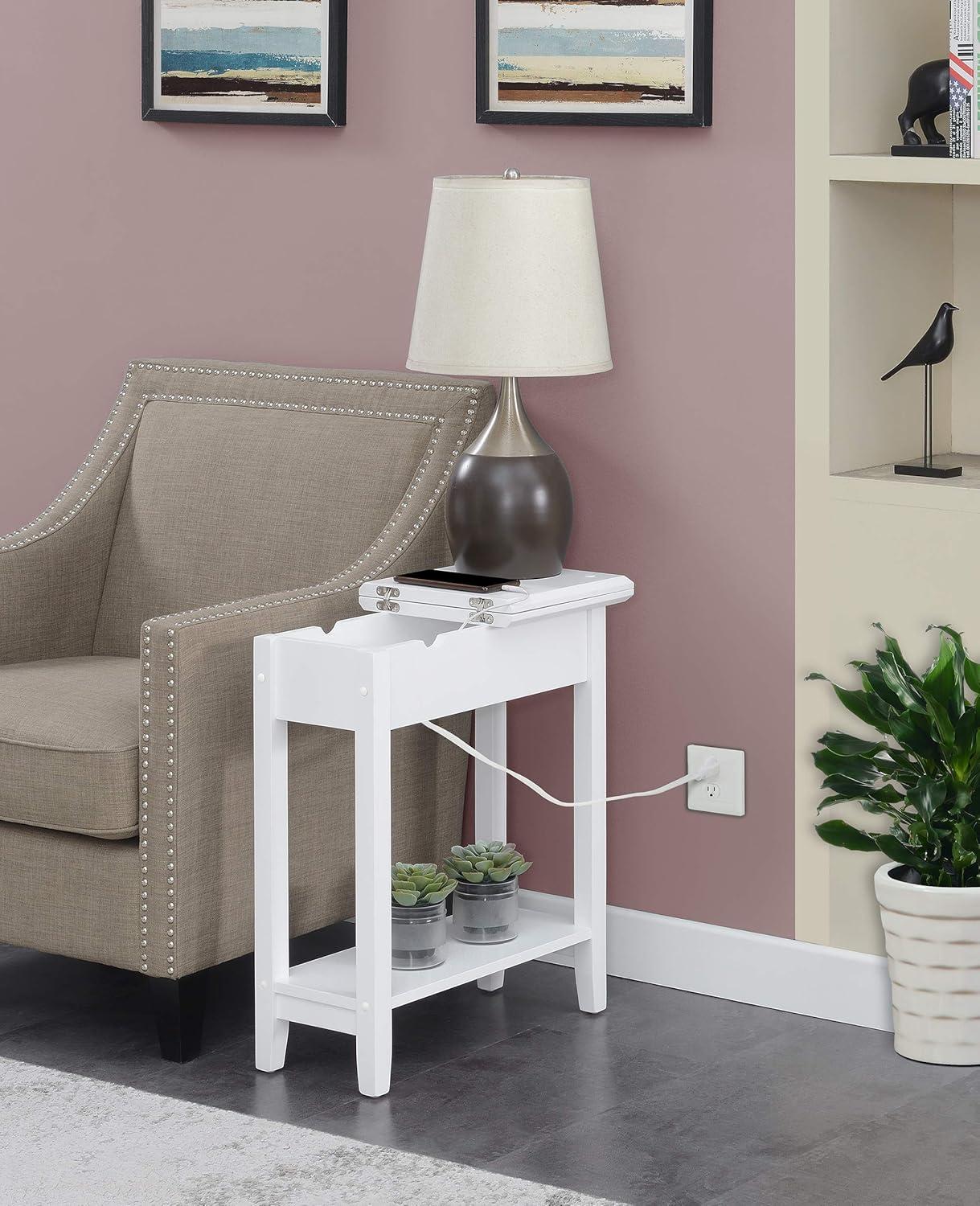 Convenience Concepts American Heritage Flip Top End Table with Charging Station and Shelf, White