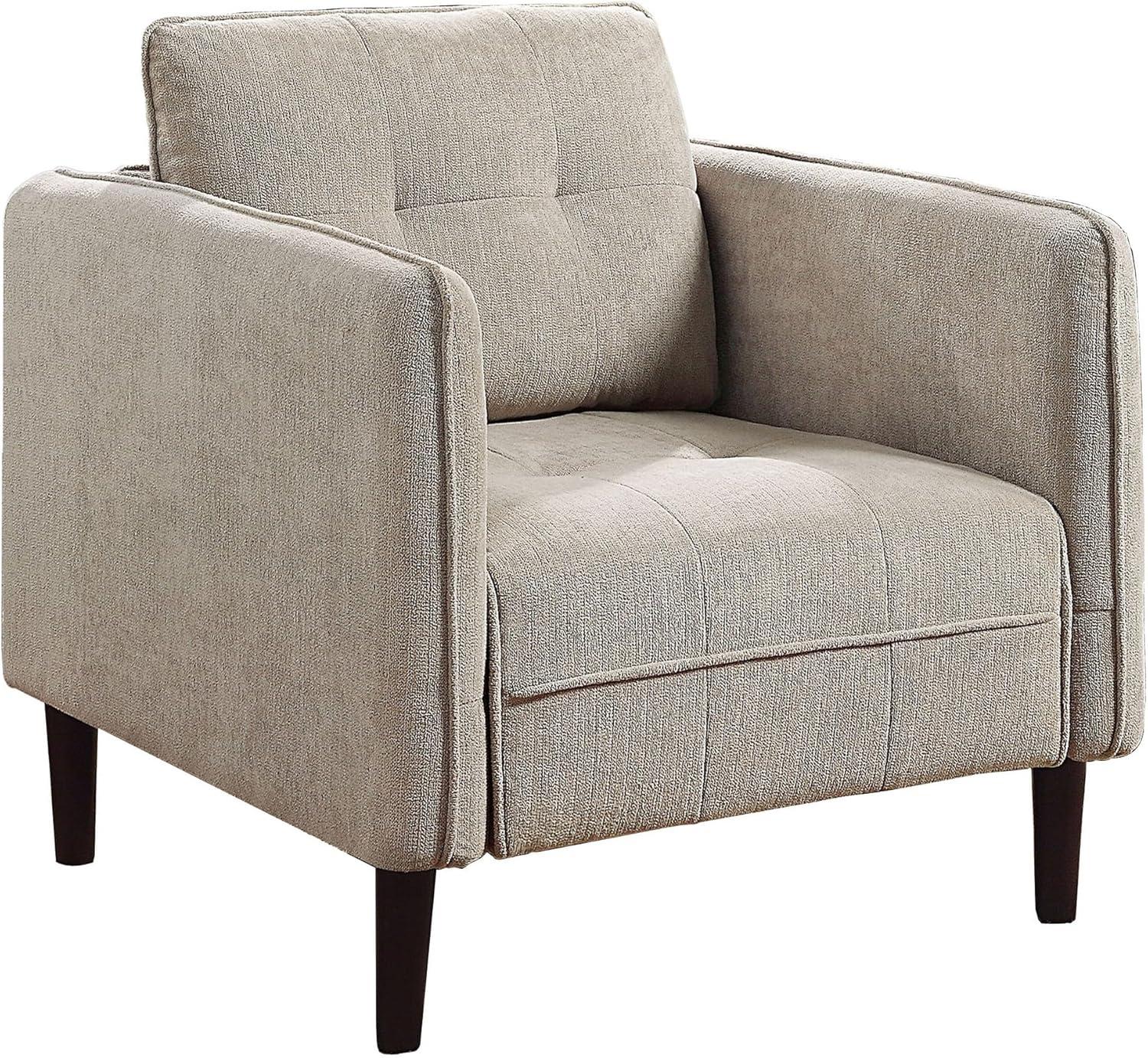 Beige Chenille Accent Chair with Wood Legs and Rounded Arms