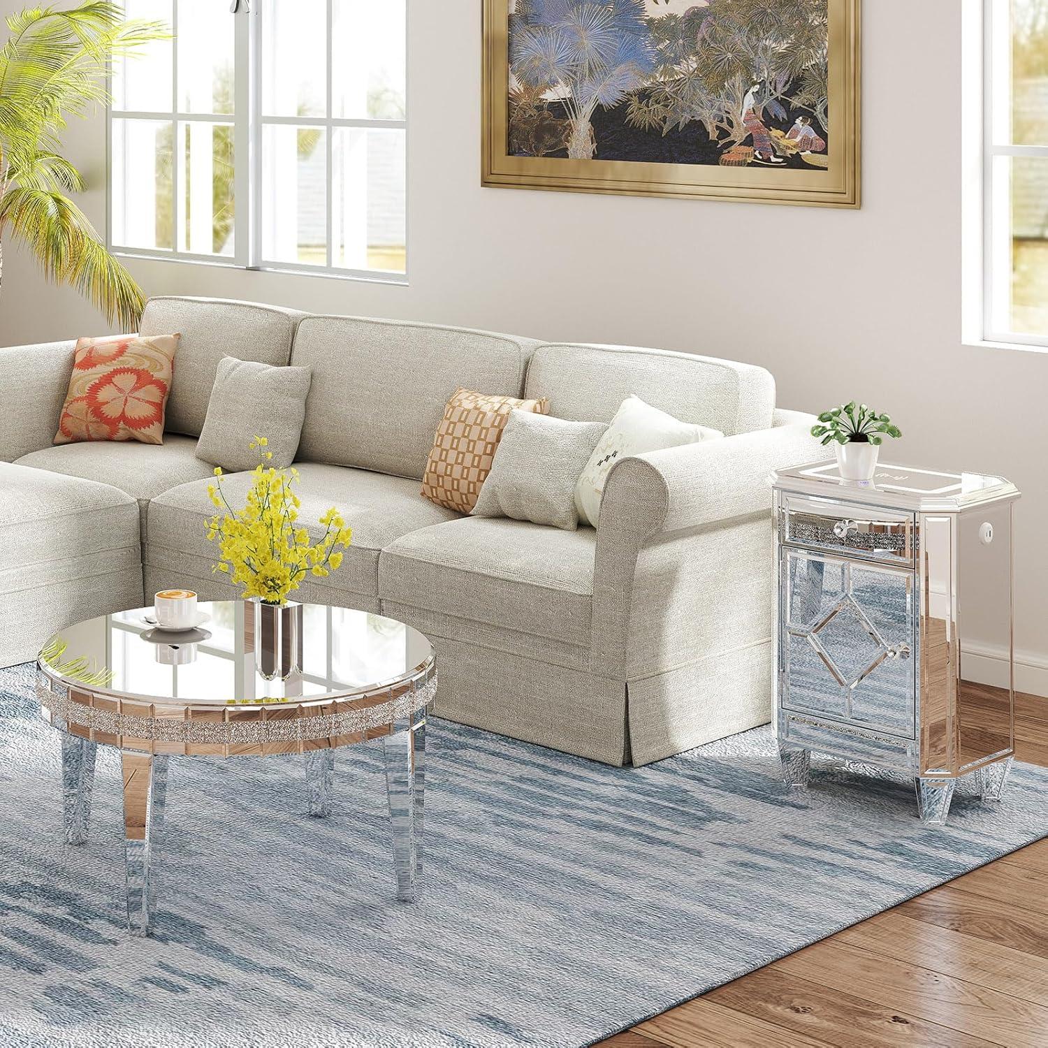 COSVALVE 3 Drawers Mirrored Nightstand Silver Glass Crystal Design Rectangle End Table with Wireless Charging Station, LED Lights, Charge USB Port