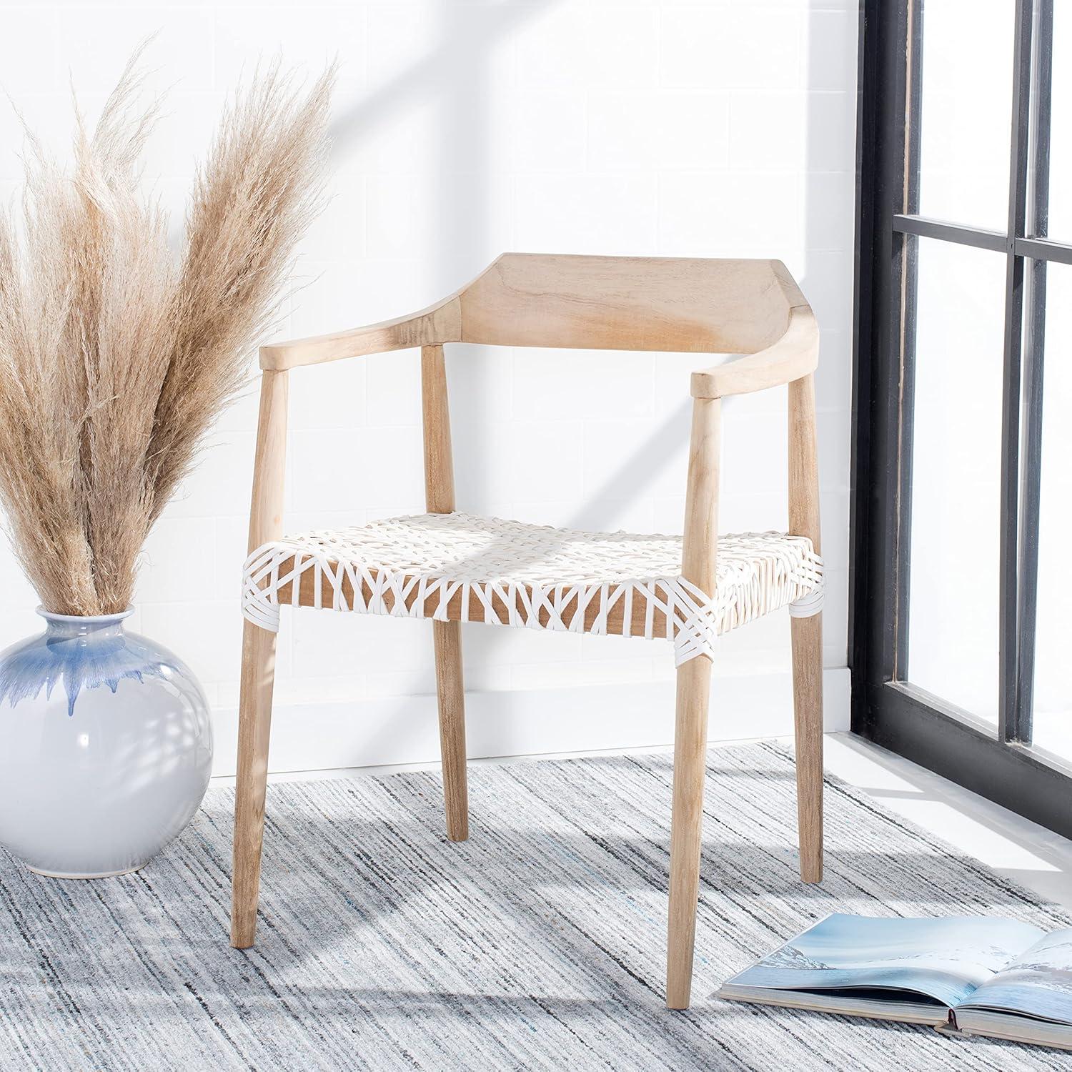 Mid-Century Teak Wood & White Leather Woven Accent Chair