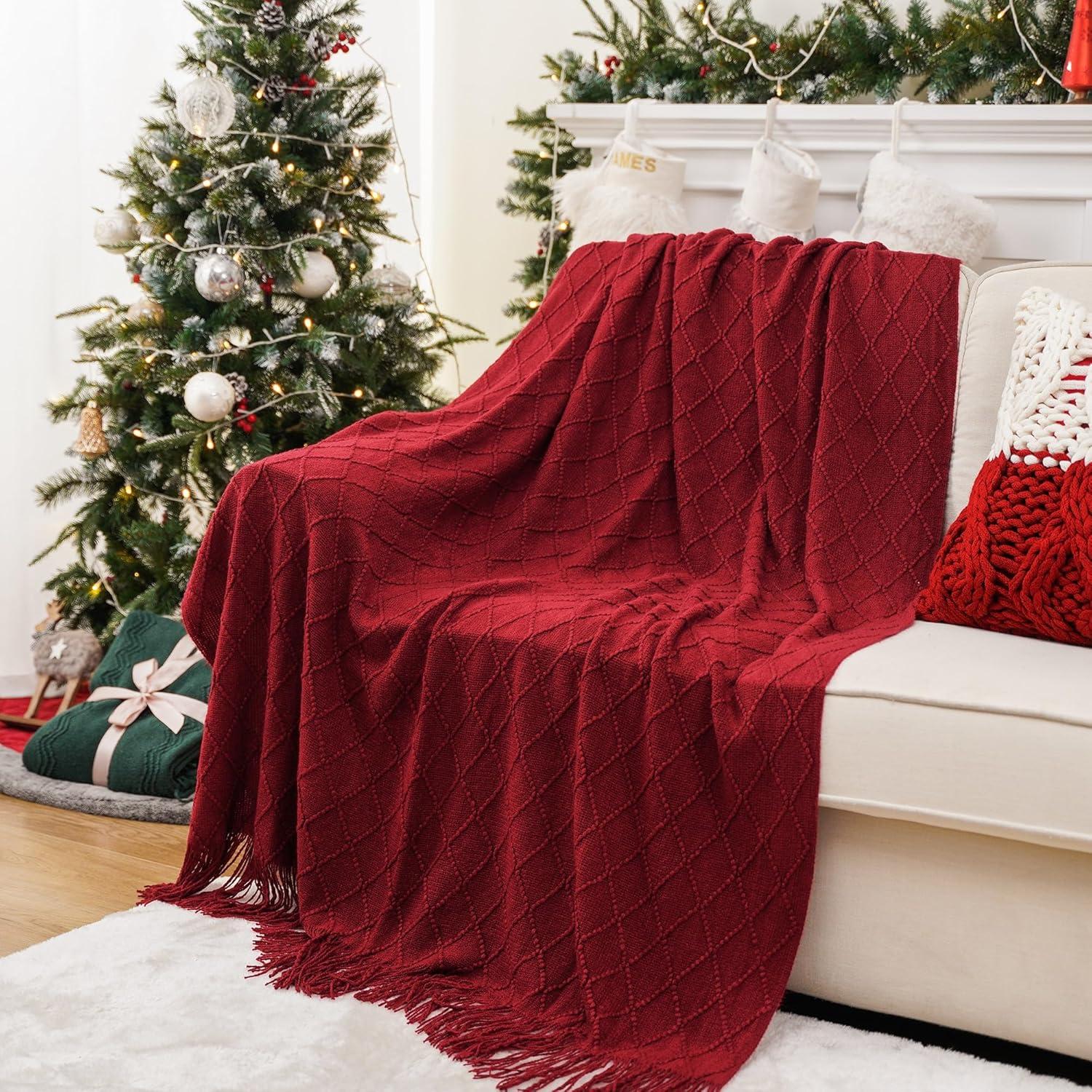 Burgundy Knitted Christmas Throw Blanket with Fringe, 50"x60"