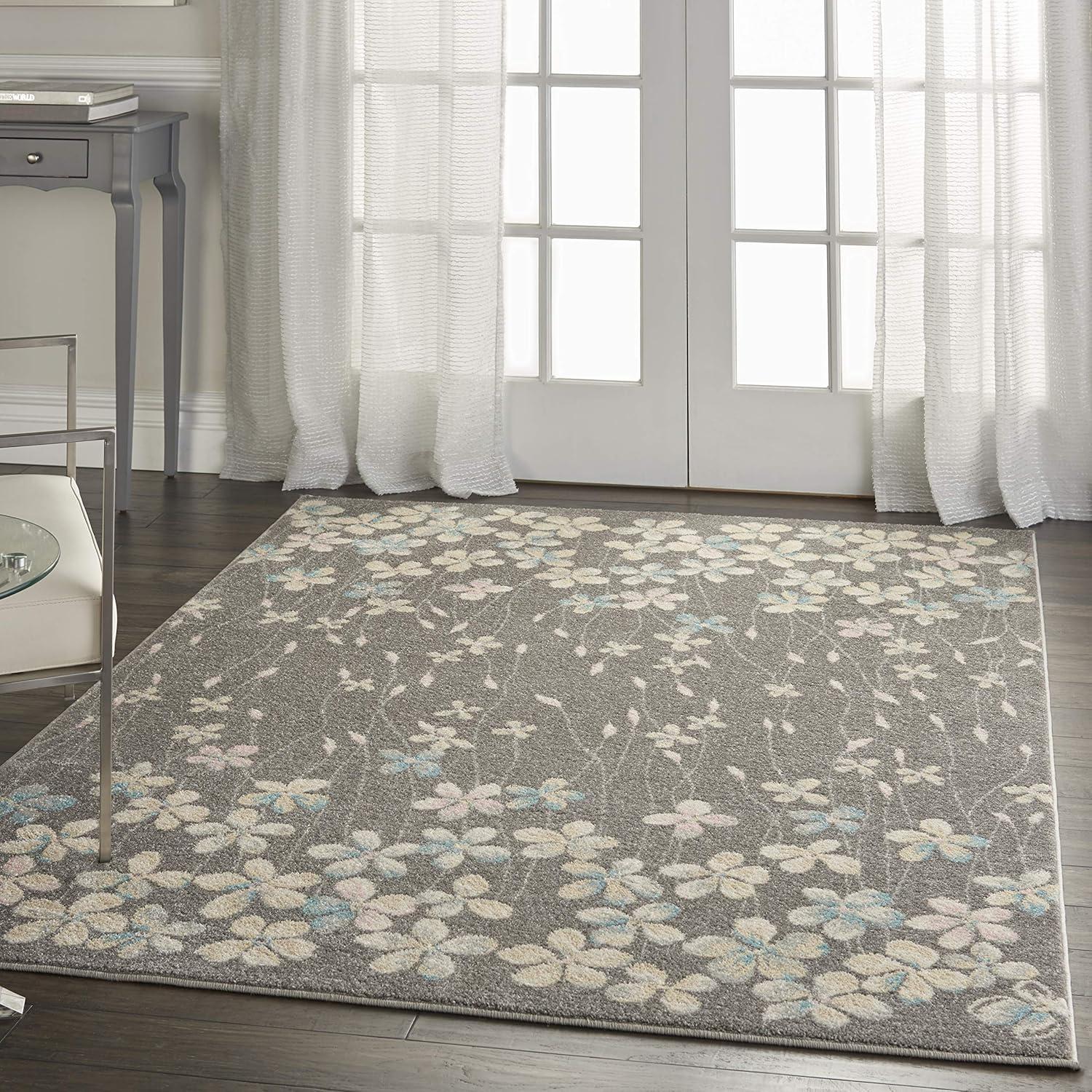 Nourison Tranquil 5'3" X 7'3" (5' x 7') Grey/Beige Area Rug Bohemian Botanical Vine and Bloom by Nourison