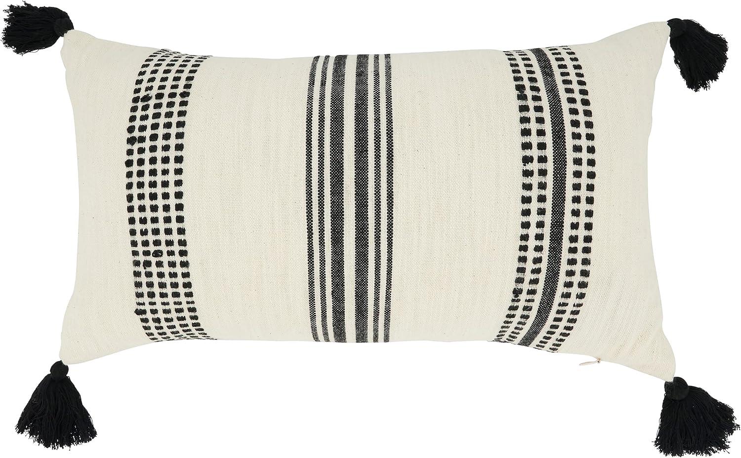 Black and White Cotton Striped Throw Pillow with Tassels