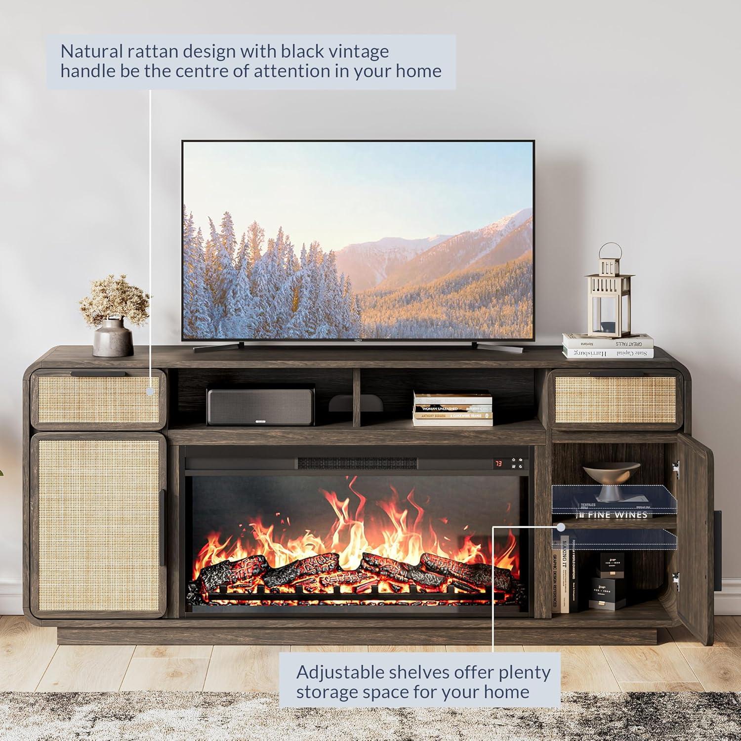 BELLEZE 68" TV Stand for TV Up to 75", Entertainment Center with 36" Electric Fireplace Heater, Rattan Decorated Console Table Storage Cabinet for Living Room, Bedroom - Bower(Brown)