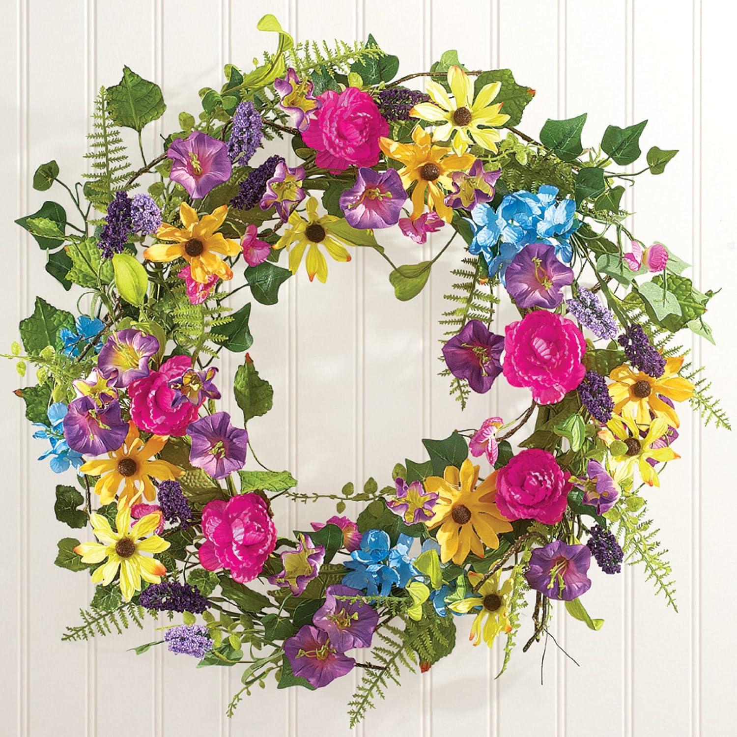 Collections Etc Colorful 17" Mixed Floral Spring Summer Wreath with Yellow Daisies