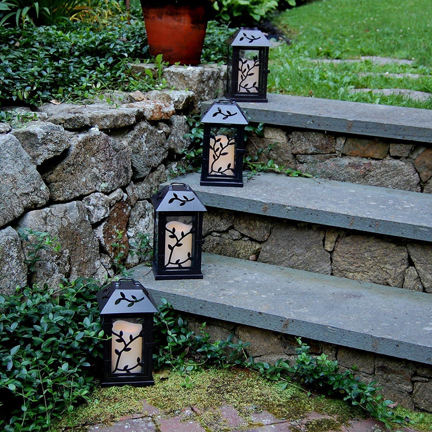 Bronze Floral Print LED Lantern with Flameless Candle