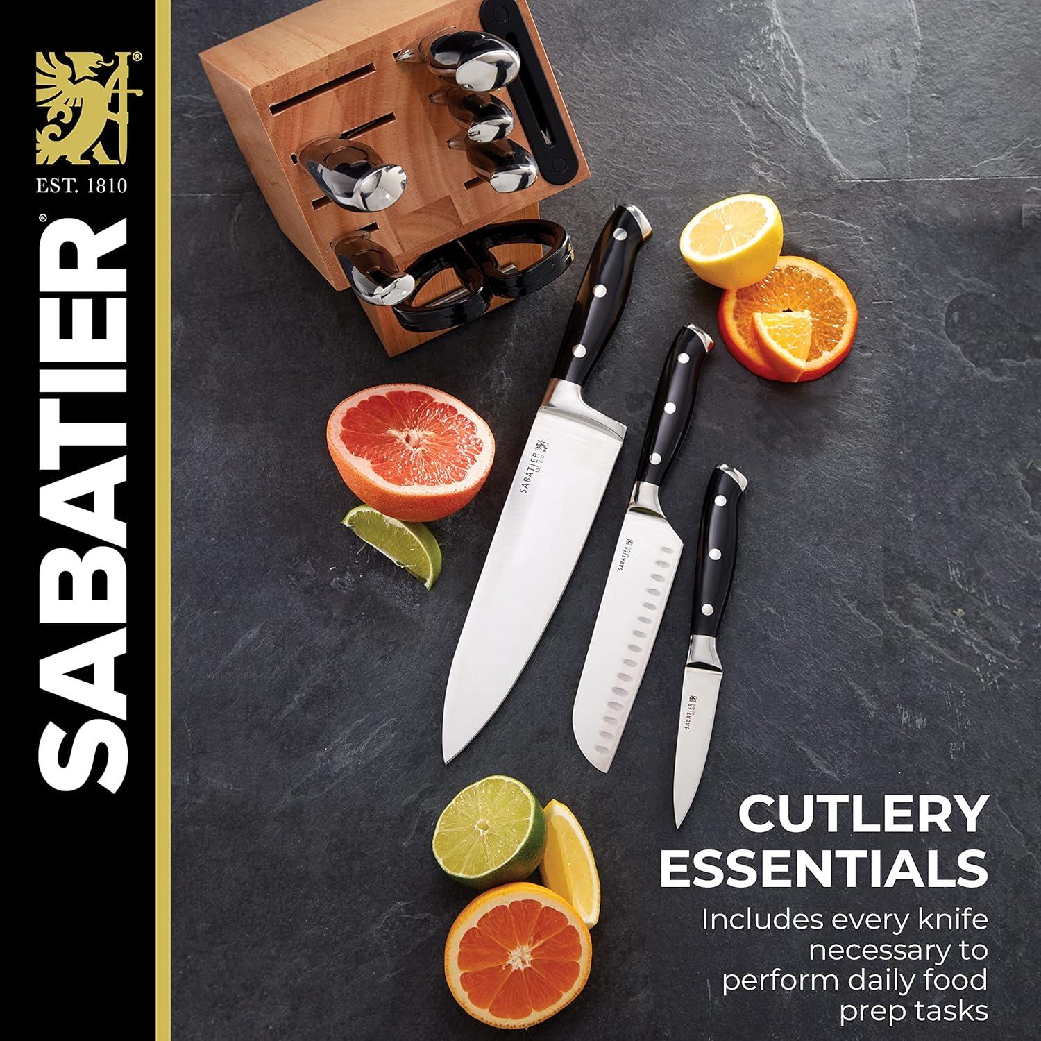 Sabatier 16pc Triple Rivet Rubberwood Block Knife Set: High Carbon Stainless Steel, Ergonomic Handle, Kitchen Cutlery