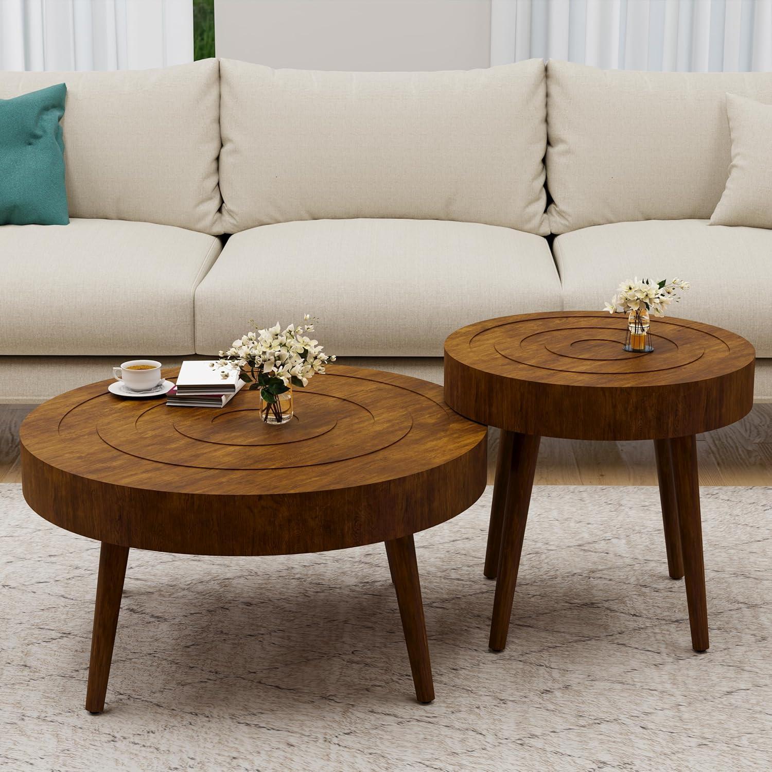 Round Natural Wood Farmhouse Nesting Coffee Table Set