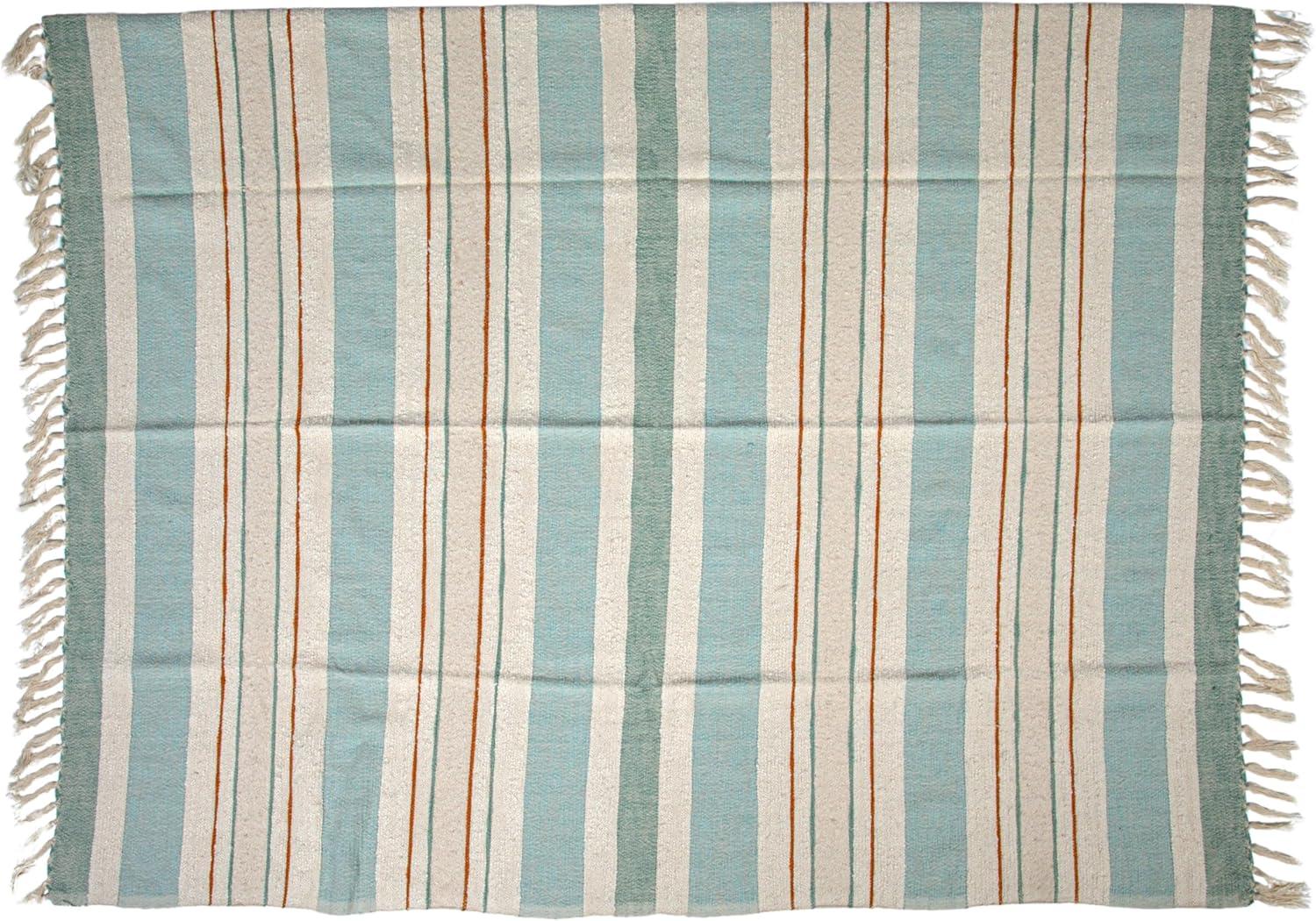 Blue and Cream Striped Cotton Throw with Fringe