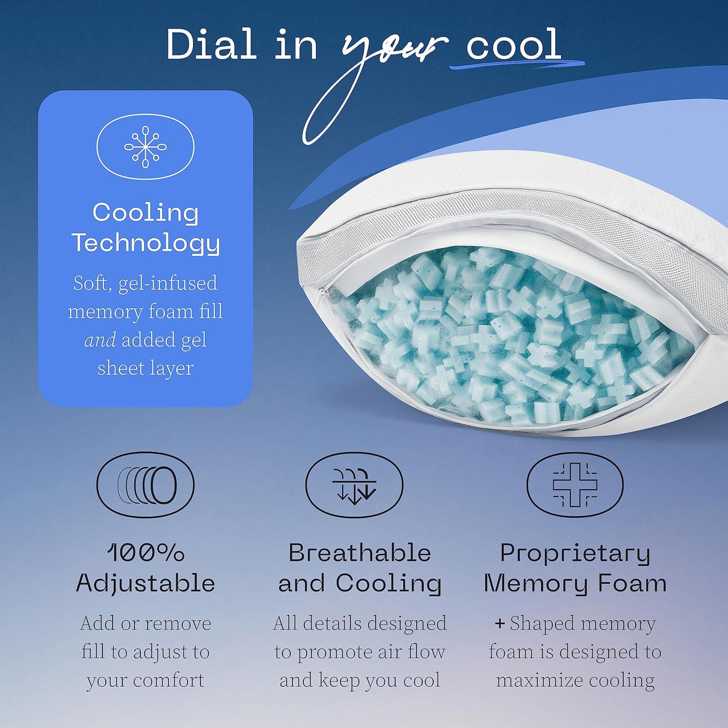 Coop Home Goods The Eden Cool+ Adjustable Pillow, Queen Size Plus Memory Foam Pillows with Cooling Gel, Back, Stomach or Side Sleeper, Neck Support