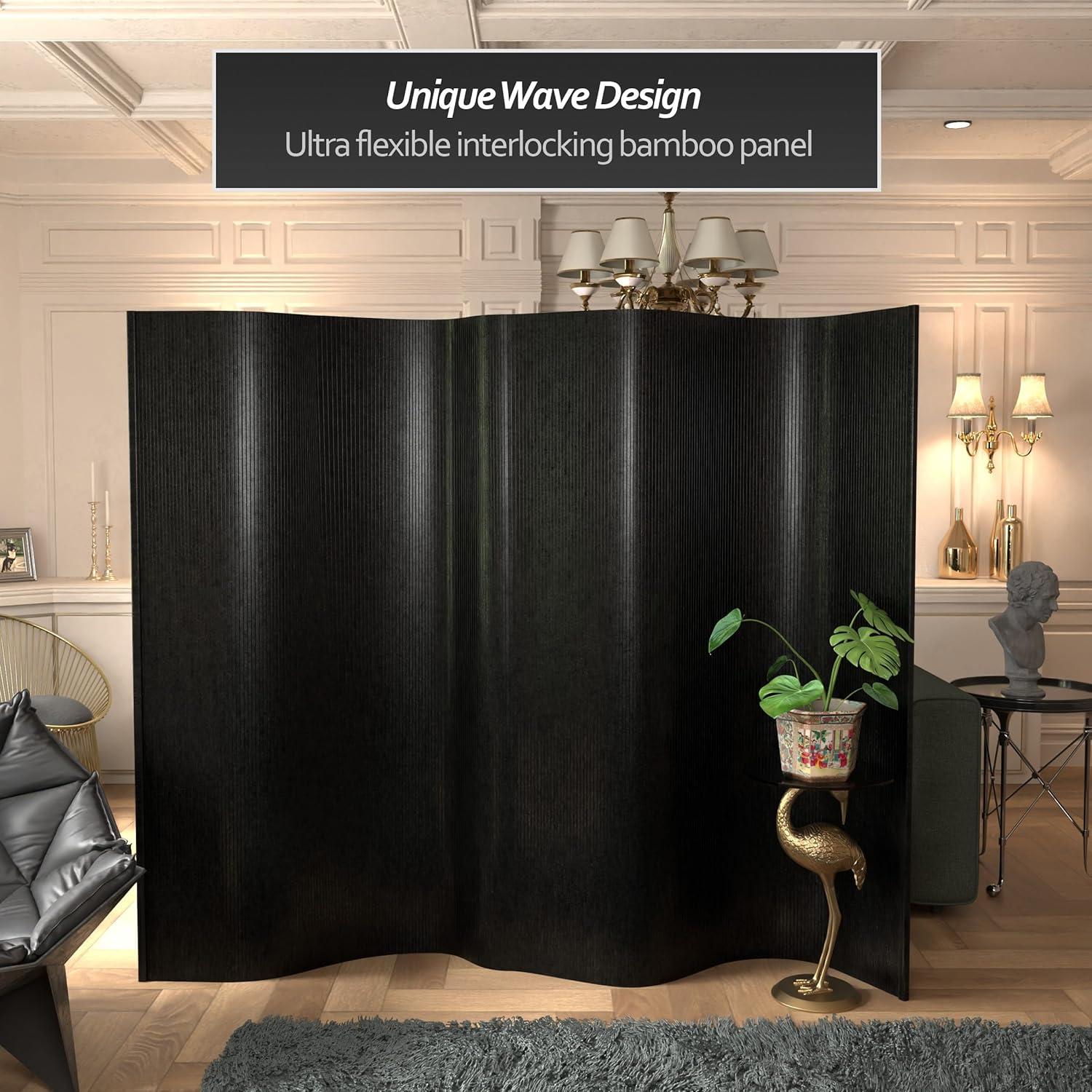 Red Lantern 6 ft. Tall Bamboo Wave Screen - Black